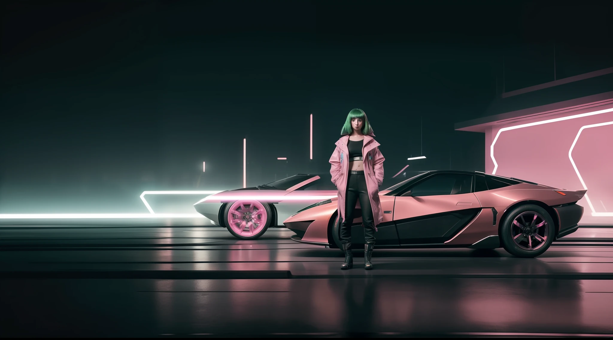 (8k, ARTISTIC photography, best quality, masterpiece: 1.2), (realistic, photorealistic: 1.37) arafed car with a cyberpunk girl ( sexy , green hair) standing next to it in the fog, (( dressed in a pink bubble jacket )), concept art inspired by roger deakins,(((pure 8K))), (((perfect anatomy))), extremely high-quality graphics, tumblr, conceptual art, in the movie blade runner 2049, blade runner 2049 film, bladerunner car, blade runner 2049 style, style of blade runner 2049