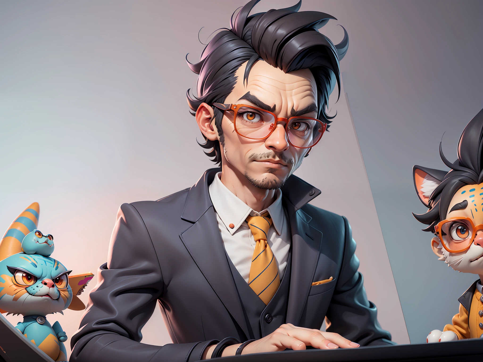 A young man in a suit, Short hair and glasses sat at his desk,holding laptop,digitial painting,tigre,3D character design by Mark Clairen and Pixar and Hayao Miyazaki and Akira Toriyama,4K HD illustration,Very detailed facial features and cartoon-style visuals。
