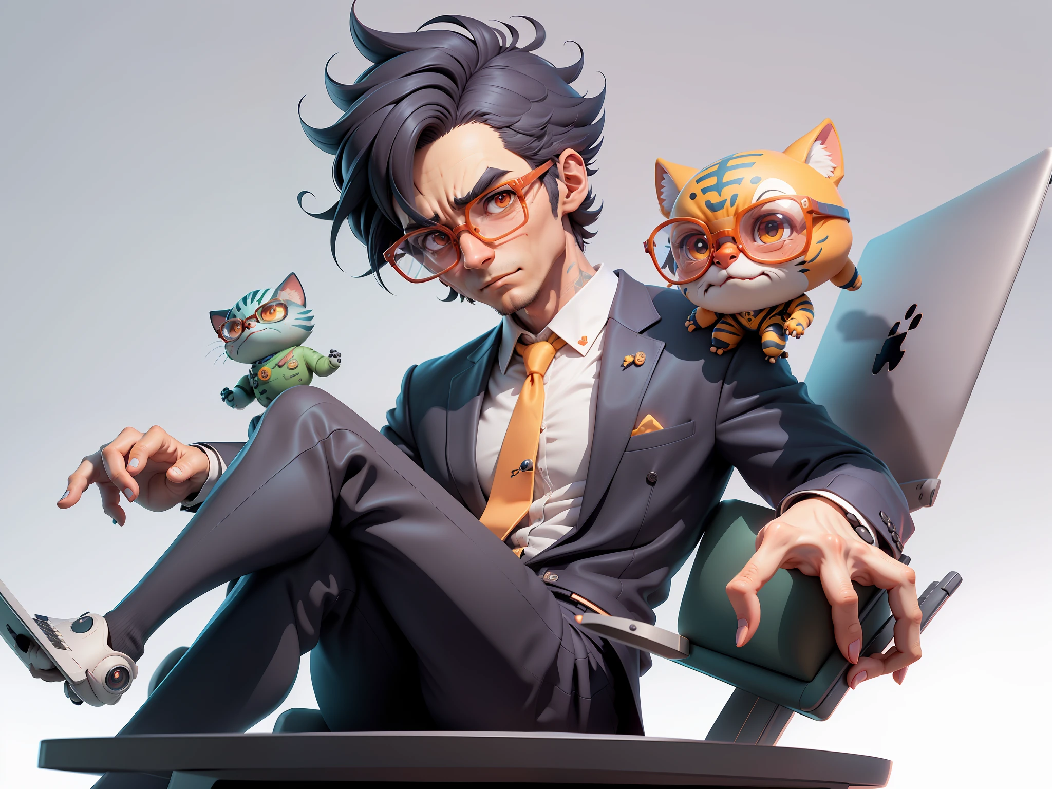 A young man in a suit, Short hair and glasses sat at his desk,holding laptop,digitial painting,tigre,3D character design by Mark Clairen and Pixar and Hayao Miyazaki and Akira Toriyama,4K HD illustration,Very detailed facial features and cartoon-style visuals。