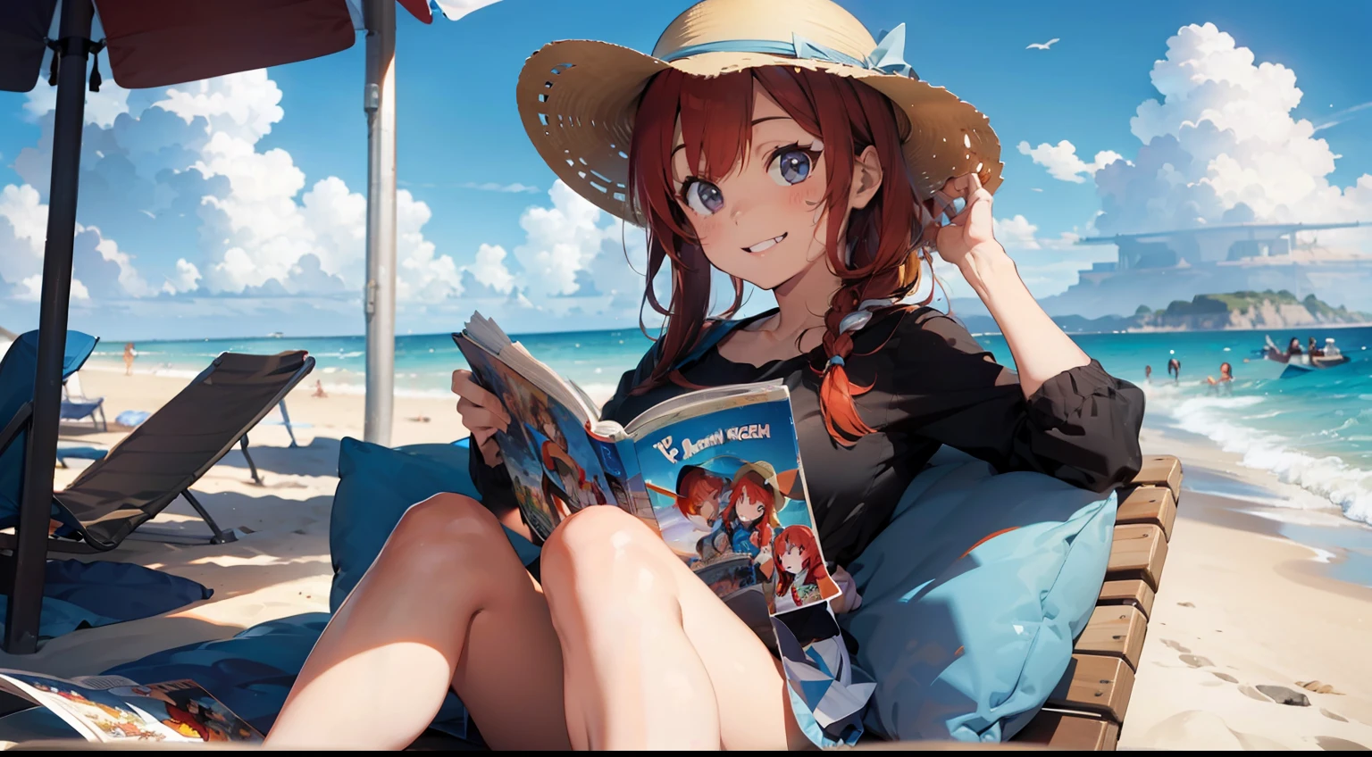 redhead female fish tail, reading comic book at the beach, blue sky, wearing a sun hat and smiling.