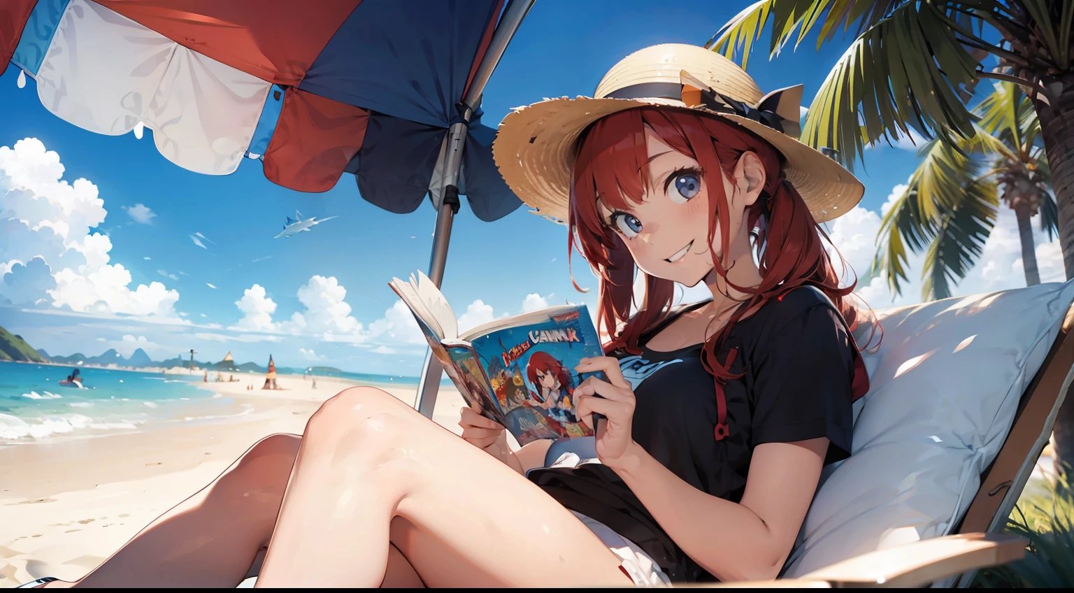 redhead female fish tail, reading comic book at the beach, blue sky, wearing a sun hat and smiling.