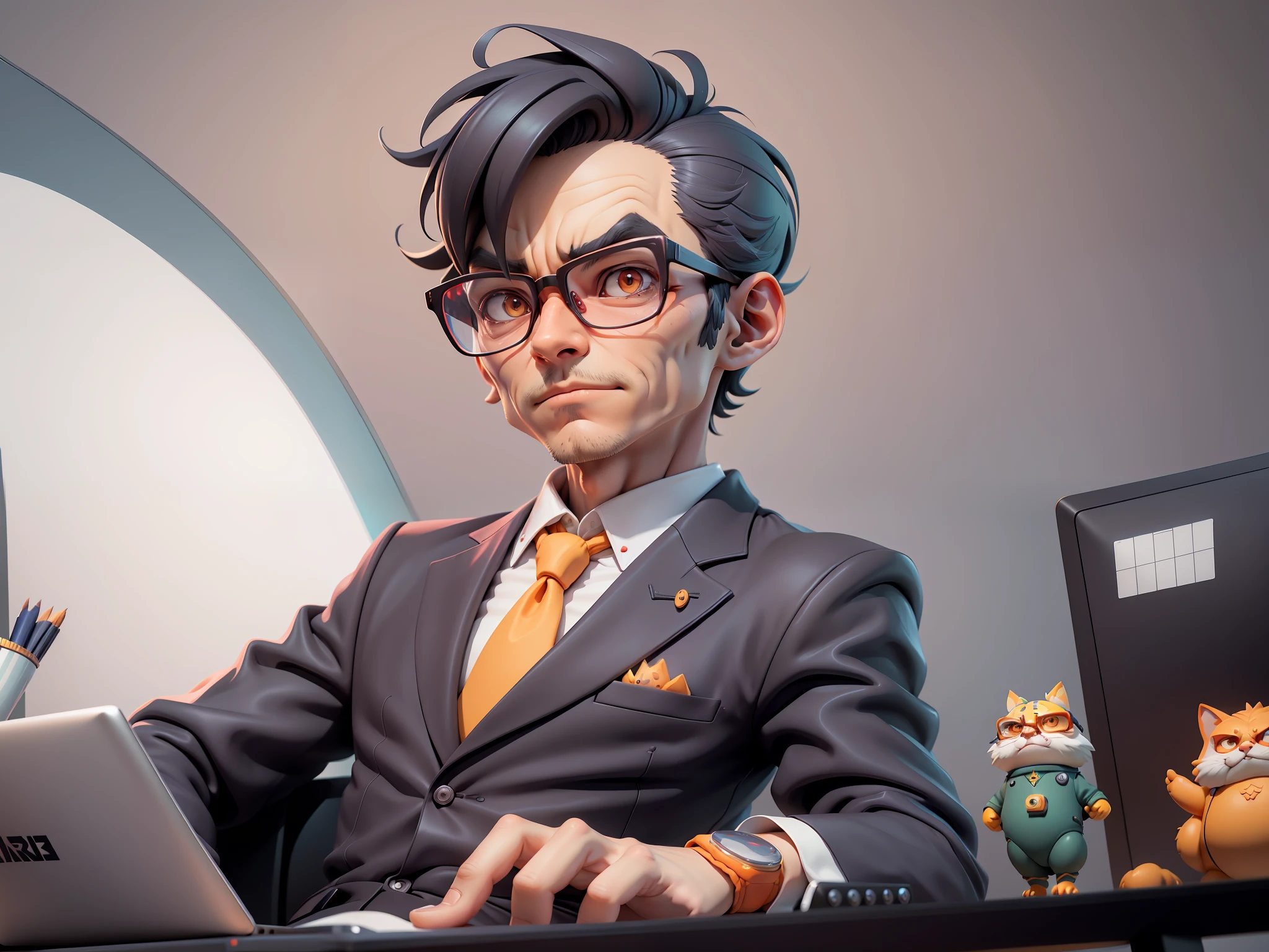 A young man in a suit, Short hair and glasses sat at his desk,holding laptop,digitial painting,tigre,3D character design by Mark Clairen and Pixar and Hayao Miyazaki and Akira Toriyama,4K HD illustration,Very detailed facial features and cartoon-style visuals。