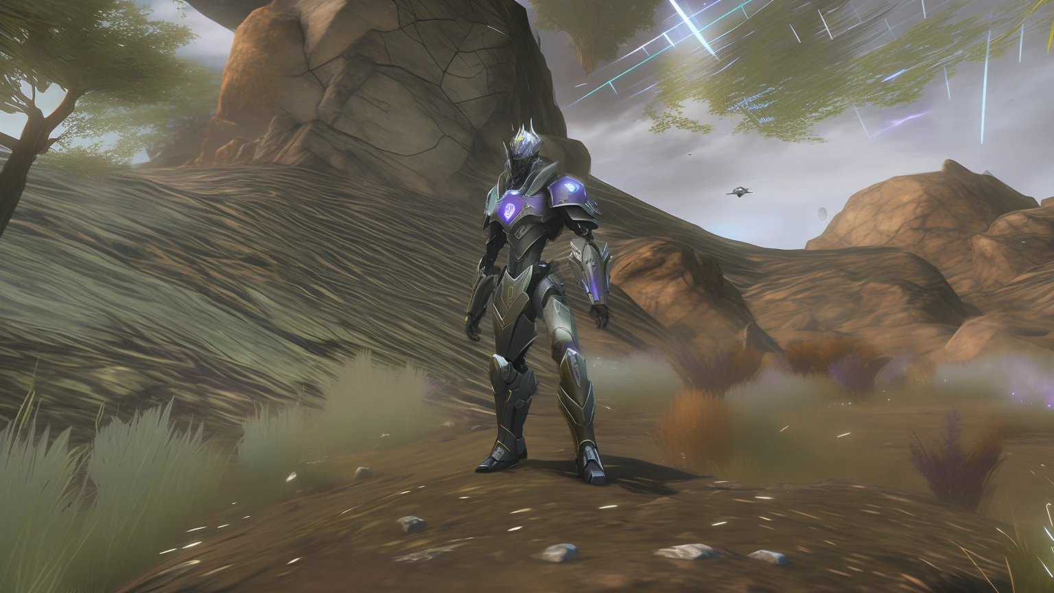 There was a purple man standing in the field with a sniper rifle, clothed in ethereal battle armor, clothed in sci-fi military armor, Vivic Robot, sliver ice color reflected armor, clothed in stealth armor, Morrowind Armor, full body shot hyperdetailed, Wearing labradorite body armor, cybernetic and highly detailed, Turian