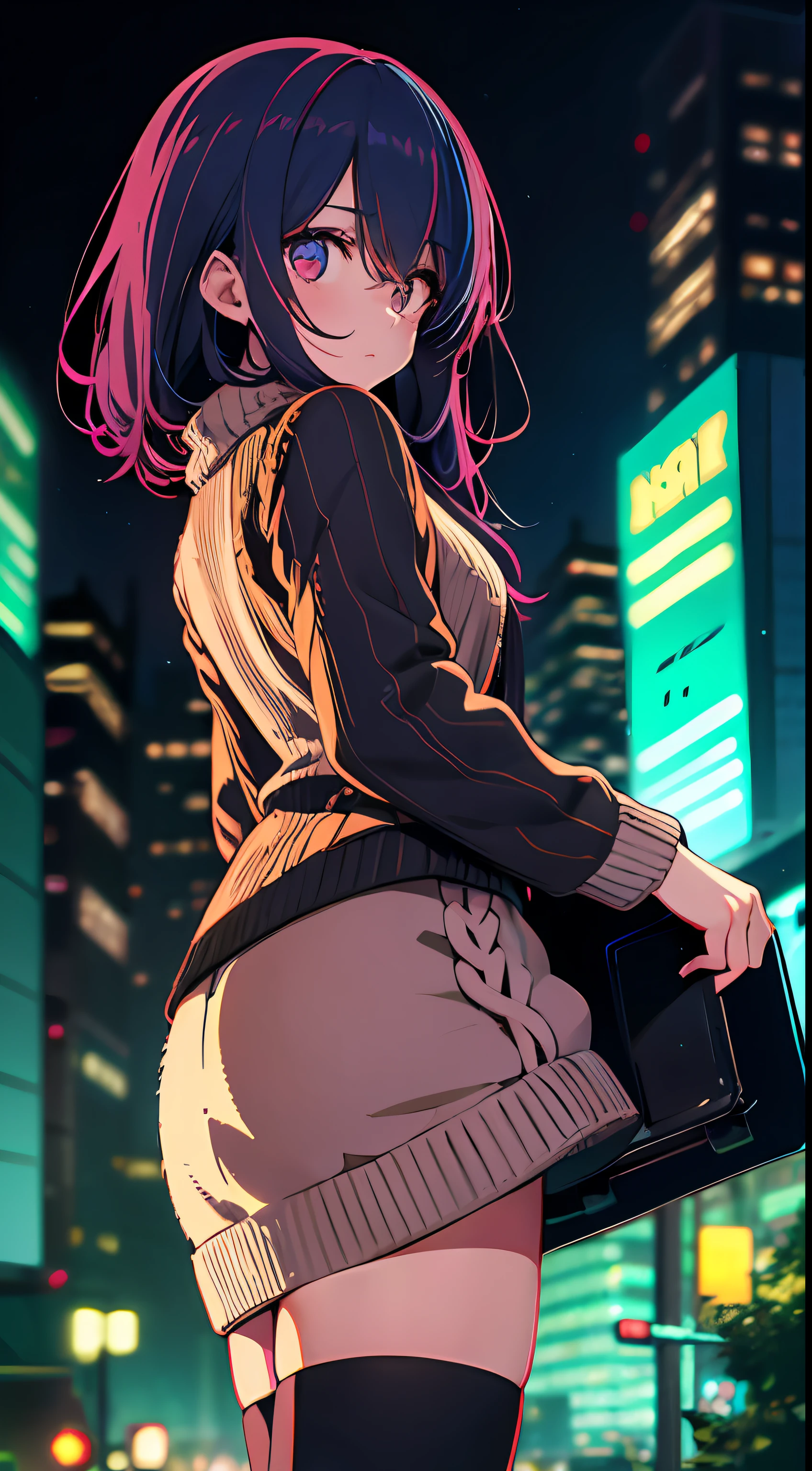 night time, Colorful cyberpunk city background, Sateen, Street, Teenage girl in a comfortable sweater, loli, black stockings, back light, looking at the audience, Low-angle lens, Upward-looking lens, Perfect composition, Perfect light and shadow are gentle, 8K