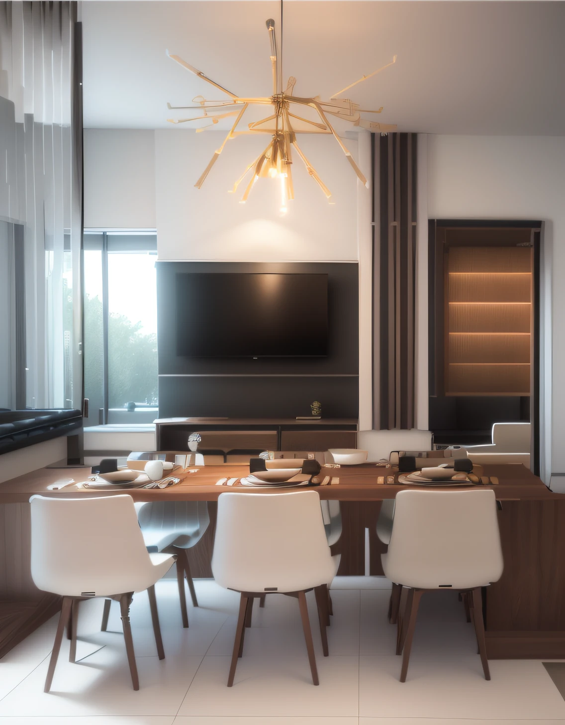 a representation of a dining room with a TV and a table, piso branco, white floor, porta de madeira, painel tv, ripas de madeira, sem cortina, lustre aceso, piso branco, piso de cimento branco, janela de vidro, Garden behind the window, painel tv de madeira,Detailed rendering, 2 d render, render corona, 3D-rendering, 3D rendering, neotradicional moderno, detailed render, concept eclectic, Sala de jantar, a digital rendering, digital render, projeto residencial, renderizado no enscape, renderizar 3 d, visual moderno, 3d final render, 3 d fine rendering, vray,