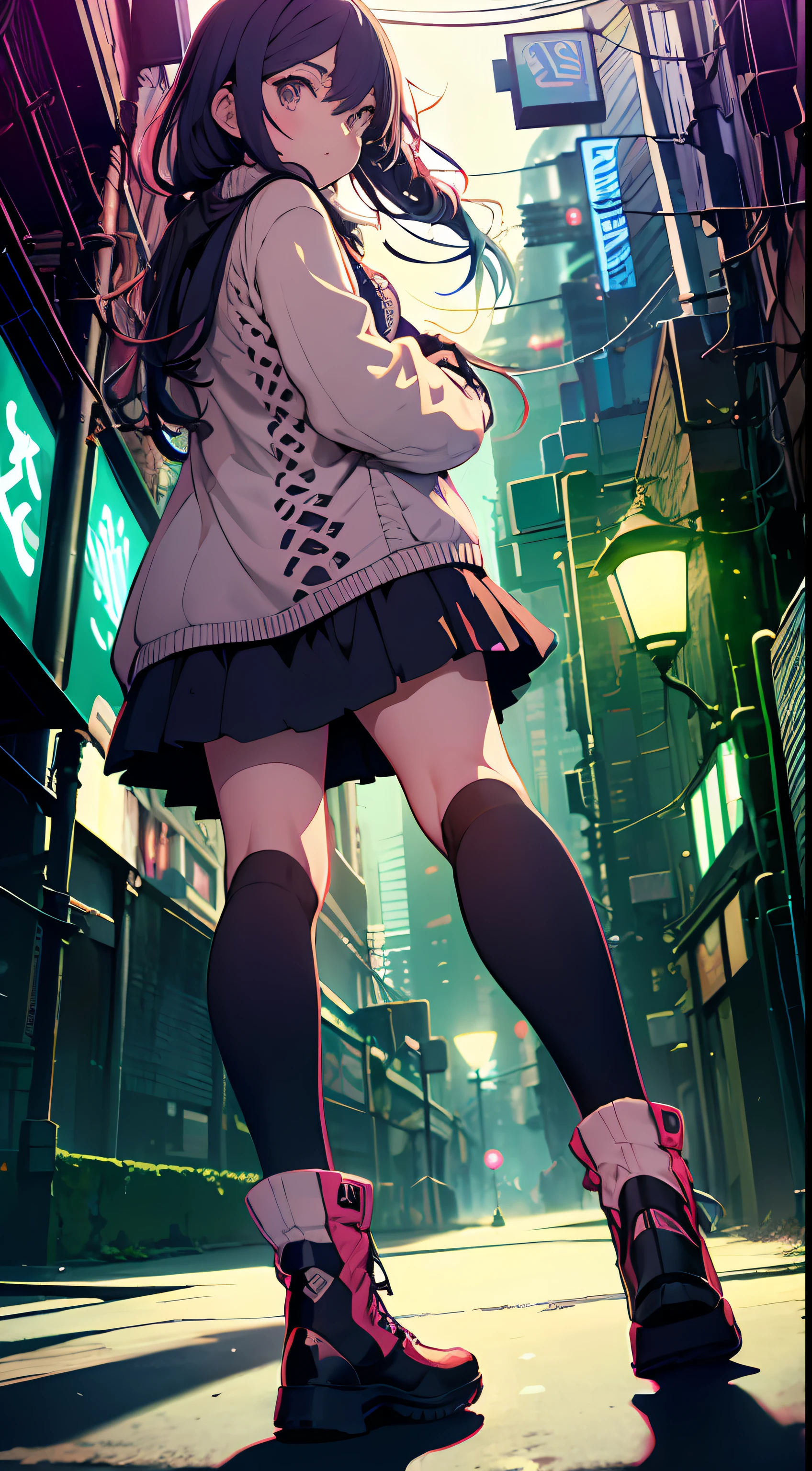 night time, Colorful cyberpunk city background, Sateen, Street, Teenage girl in a comfortable sweater, loli, black stockings, back light, looking at the audience, Low-angle lens, Upward-looking lens, Perfect composition, Perfect light and shadow are gentle, 8K