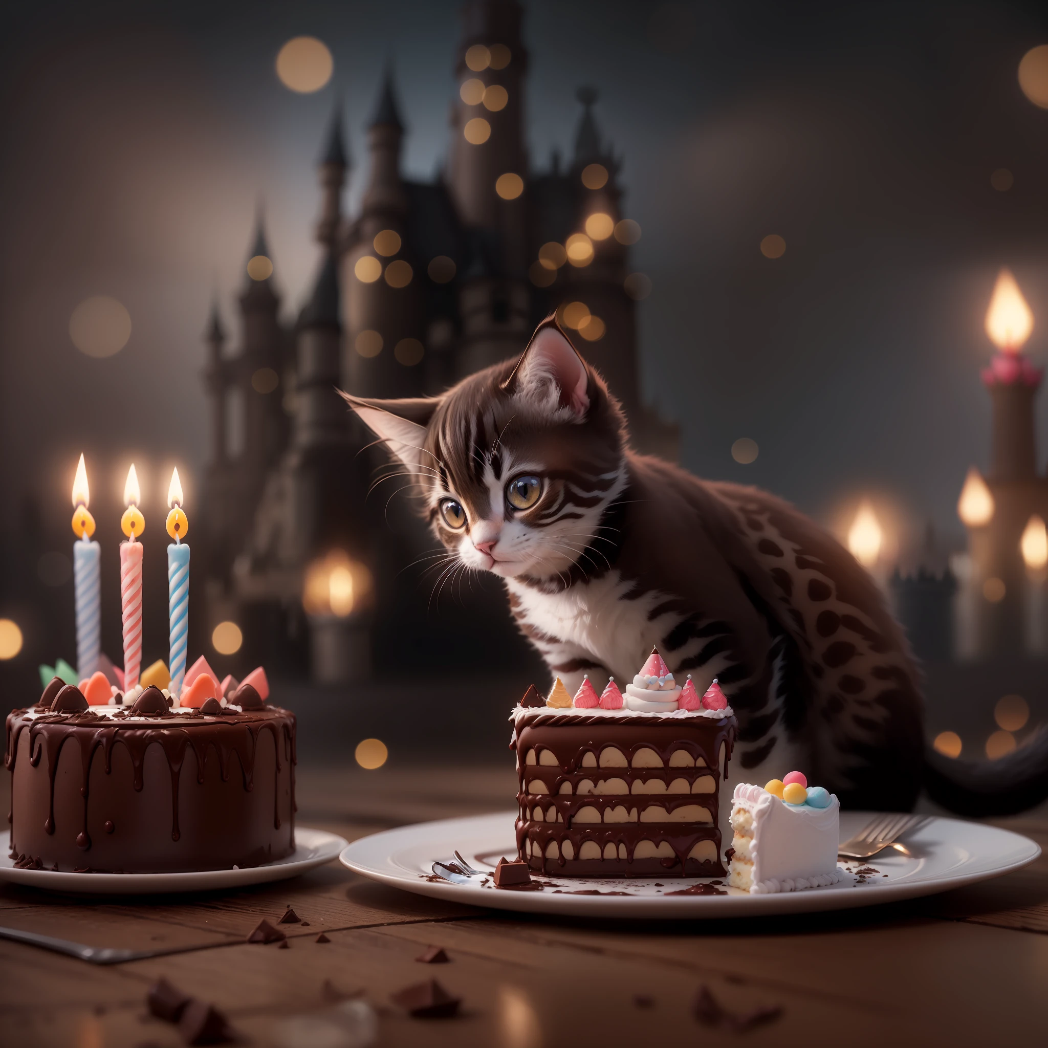 masterpiece, high quality, best quality, (a cute kitten) with a (birthday cake chocolate with a dark castle on the top:1.3), foodphoto, realistic food. unsplash, stock-photo, professional photographer, captured with professional DSLR camera, trending on Artstation, 64k, ultra detailed, ultra accurate detailed, bokeh lighting, surrealism, ultra unreal engine, intricate, epic
