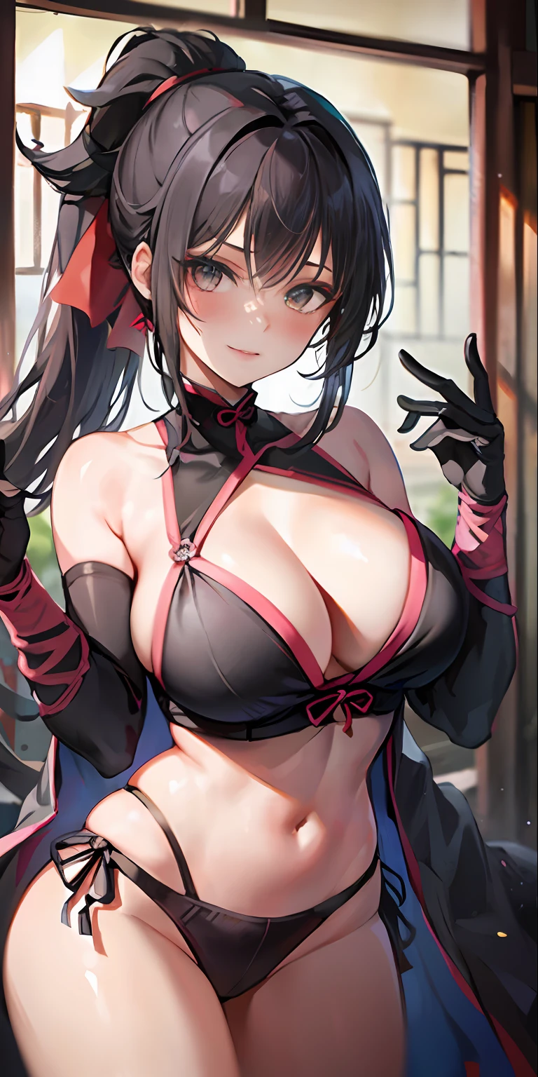 1girl, ponytail, parted lips, blush, makeup, smirk, (ninja:1.3, kunoichi:1.3), ninja mask, light rays, glow, thighs, collarbone, narrow waist, (masterpiece), wallpaper, east asian architecture,