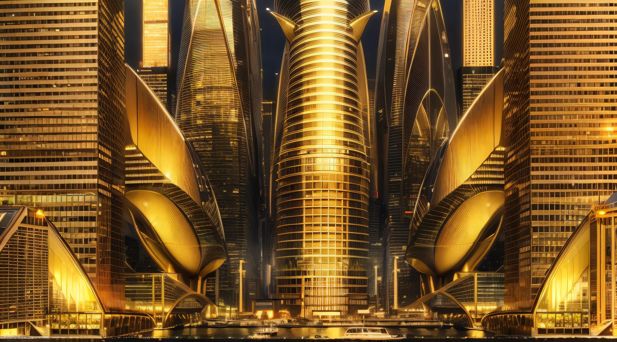 "A futuristic background laser beams leads to a hyper-realistic scientific city with huge skyscrapers. The hyper resolution of the background is 4k and has an aspect ratio of 16:9.goldene Pyramide, Meisterwerk, anatomisch korrekt, super Detail, High quality, best qulaity, 8k, 16k, hohe Details