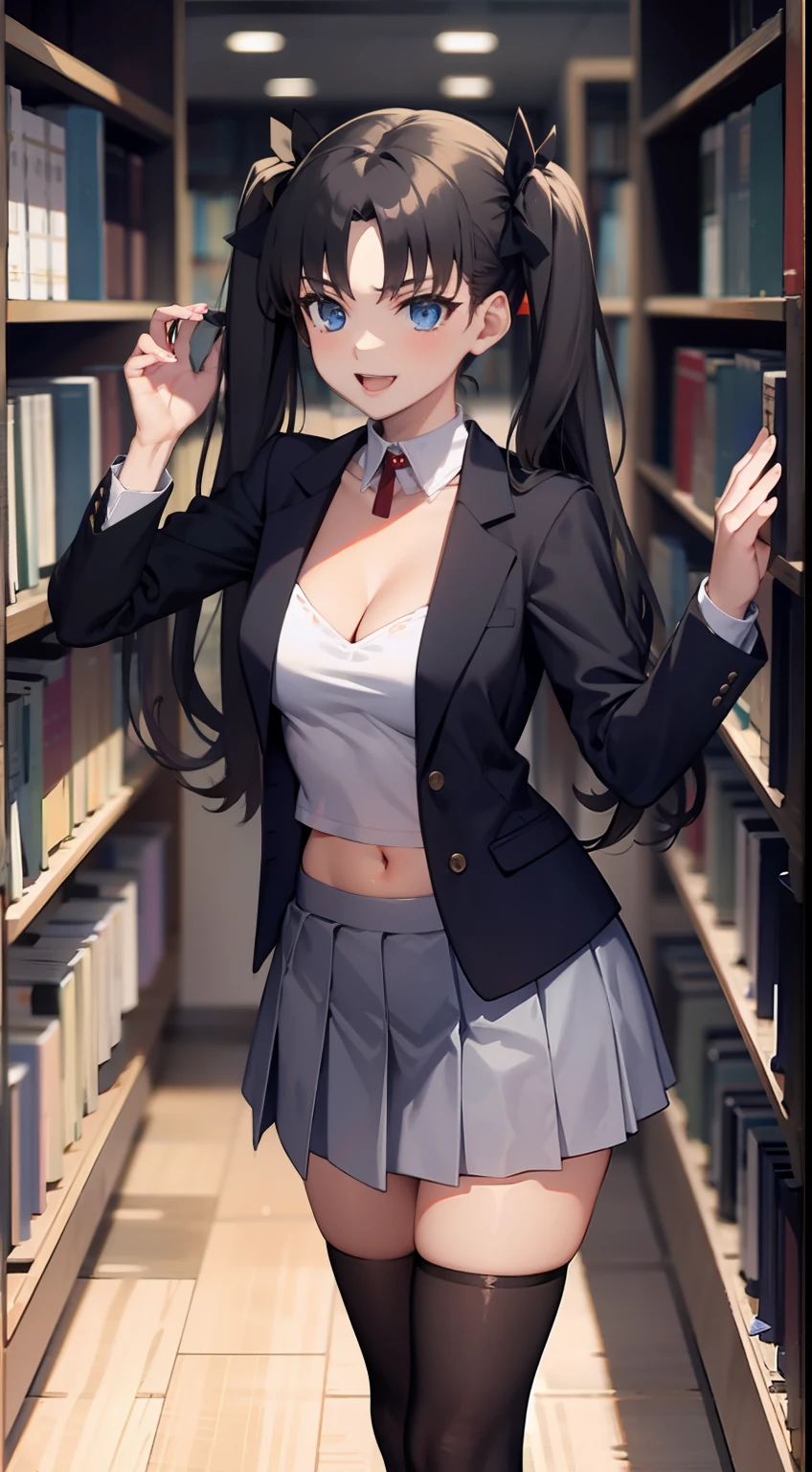 long hair, black hair, medium breast, slim legs, happy, cleavage, short skirt, rin tohsaka, twin tail, navel, blue eyes, school uniform, thigh high socks, standing, library