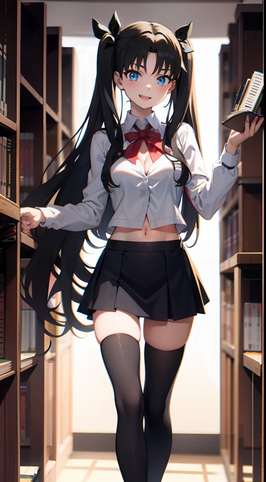 long hair, black hair, medium breast, slim legs, happy, cleavage, short skirt, rin tohsaka, twin tail, navel, blue eyes, school uniform, thigh high socks, standing, library
