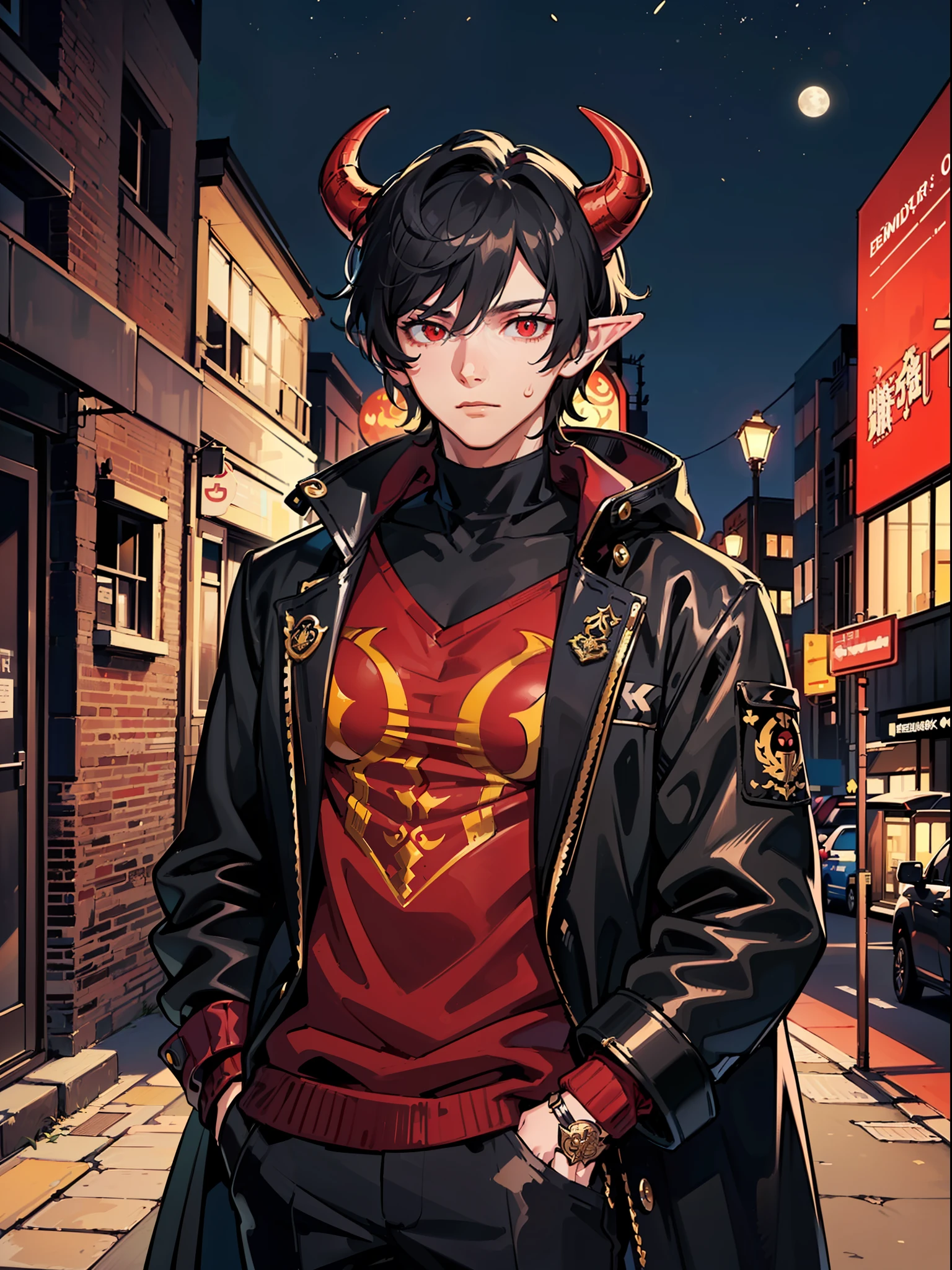 ((highest quality, masterpiece, 4k, finely detailed, detailed eyes, detailed face, intricate details, gelbooru, pixiv)), warm lighting, idol, super idol, super model ((solo)), 1 male, (handsome, masculine, adult man, broad shoulders, tall guy, thin body), ((black hair, messy hair, short hair, bangs)), light skin, sharp features, (elf ears), ((baggy clothes, oversized clothes)), ((demon horns color fading from black to red)), ((sharp eyes, red eye color, tired expression, looking at viewer)), dynamic pose, city background, night sky, moon night, turtleneck sweater, loose pants, oversized parka
