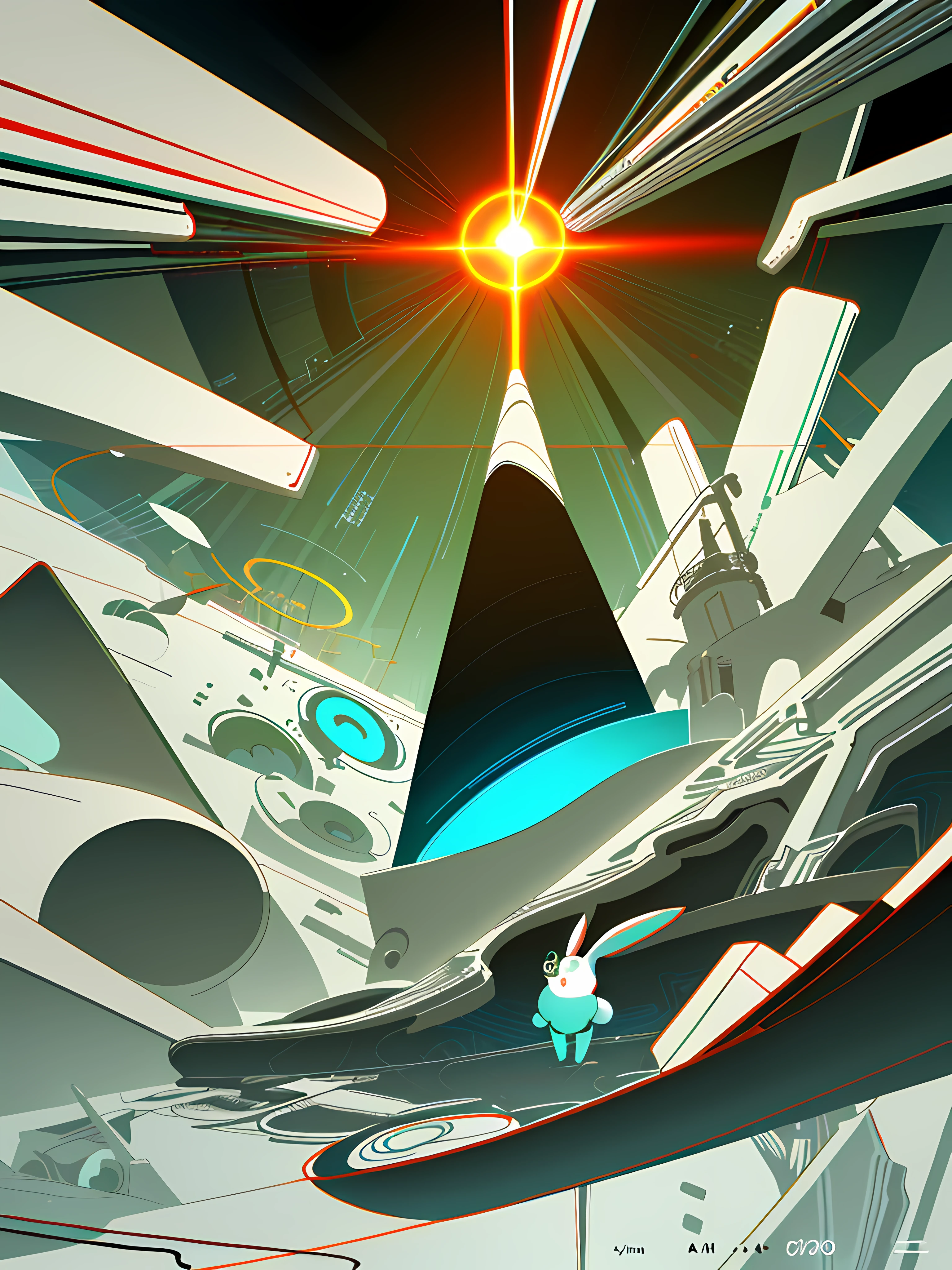 (blame! style abandoned tech landscape), (Zen, Amy Sol style), (like a tunnel that you follow to a tunnel of its own down a hollow in a cavern where the sun has never shone), (underground, dark, foggy, perilous, cybernetic city magick), (abstract anthro rabbit figure wearing bunny ears), cover art with light abstraction, abstract, simple vector art, contemporary Cybernetic art, color gradients, soft color palettes, layered forms, whimsical animation, style Ethereal abstract, 4K, --v6