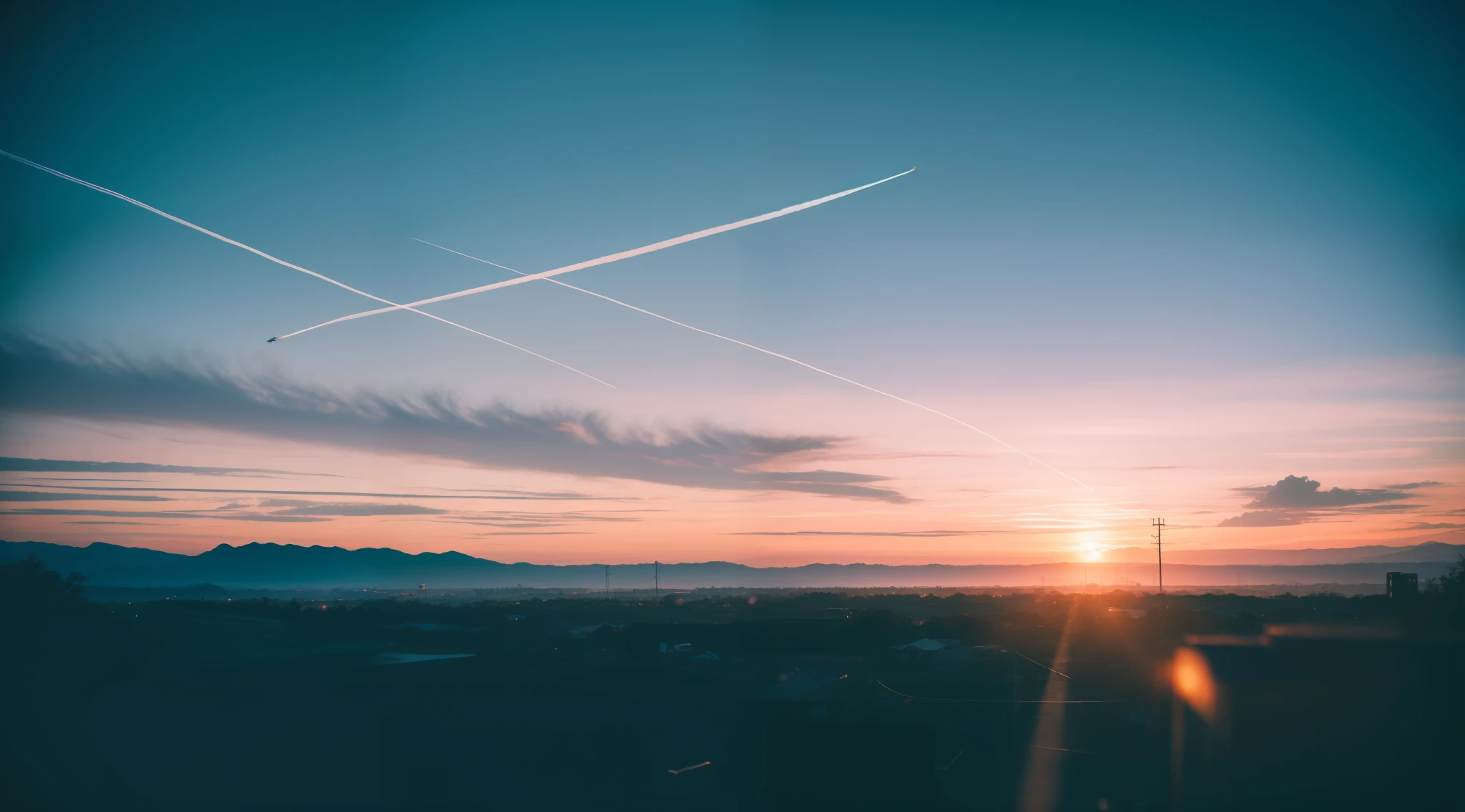 landscape, contrail, sony a7, Film grain, Cinematic lighting, Photorealistic, 32K, Soft lighting