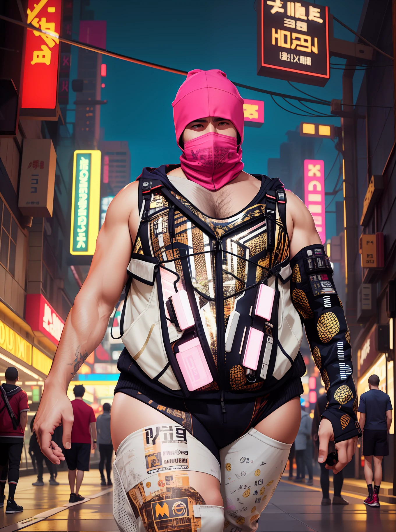 (masterpiece, men full-body shot, intrincate raw photography)cyberpunk citizen in pineapple pattern oversize hoodie, anime, rocketeer, pink mask, neon light details, intrincate, futuristic, chubby, sharp, accurate focus, random pose, cyberpunk city, street neon lights, insta pic, photo of the year, cinema4d, dramatic, lights and shadows, natron, substance, maya, octane render,