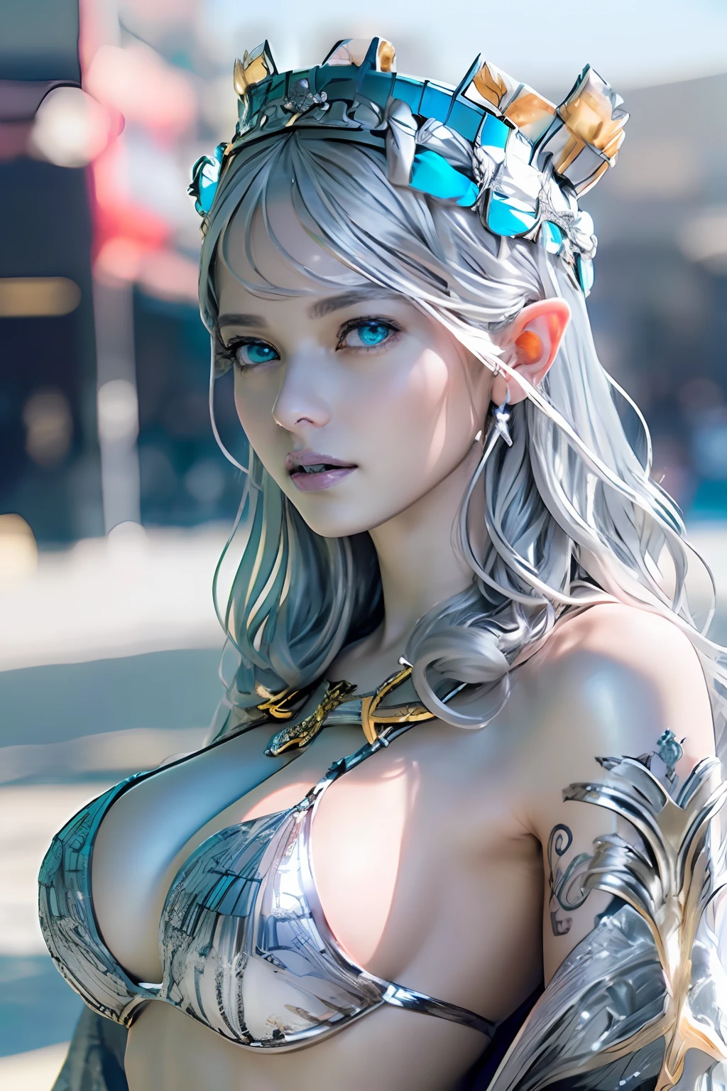 Ultra-detailed complex 3D rendering of the face, (masterpiece, top quality, octane rendering,), glamour shots full body image, very beautiful young elves, cleavage, (highly detailed skin: 1.2), (exposure: 1.1), ((blue micro bikini: 1.95)))). , 8k, (((very soft breasts)), (((conspicuous large pink areola)), beautiful Caucasian woman with white skin with full soft breasts with big buttocks, one, long braided hair, big breasts, dynamic angles, (((huge breasts: 2.4)), ultra-realistic photos, ((((((silver hair)))), futuristic urban background, facial muscles, (((((detailed and glamorous silver crown)))), In the style of Marvel Comics, ArtStation Trends, Clear Focus, Intricate Details, Very Detailed, Detailed Green Eyes, Sharp Focus, Digital Rendering, Professional, Abs, Lip Gloss, Glossy Skin, Sexy Pose, Golden Tattoo All Over Body, Silver Pattern All Over Body, Silver Lame Skin, Gold Glitter Skin, Mansuji, Buttocks, Jeweled All Over the Body, with silver scales, silver hair,