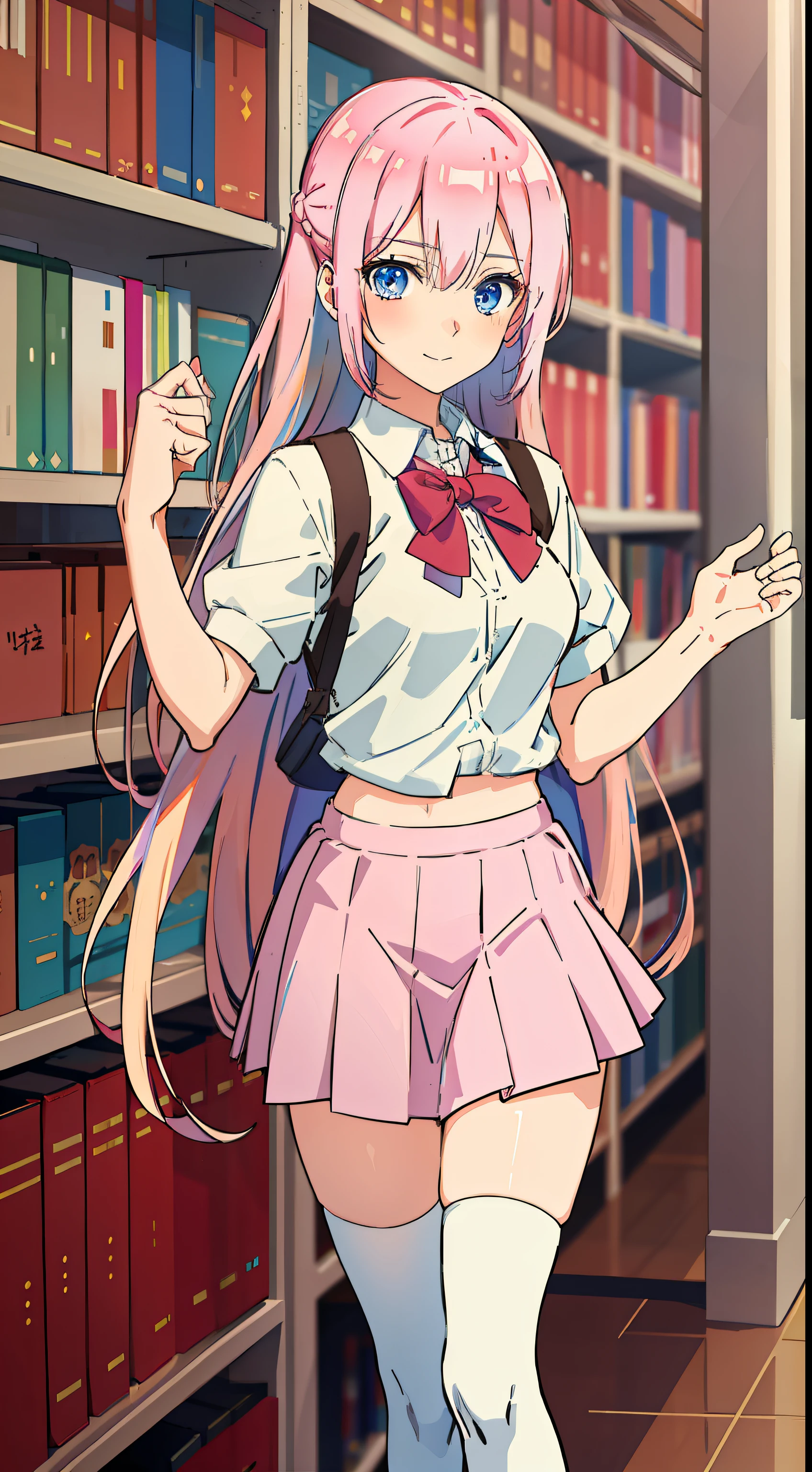shikimori, slim legs, navel, short skirt, standing, beautiful eyes, blue eyes, happy, school uniform, library, pink hair, long hair, thigh high socks