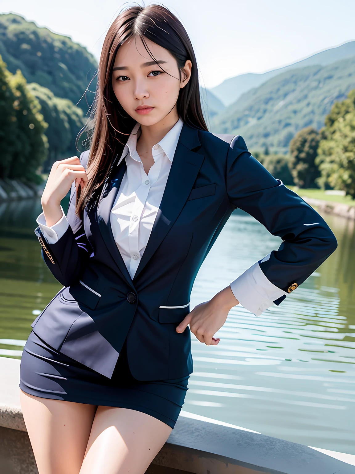 1girl,solo, parted lips, office lady, business suit ,
river,mountain, hand on arm , looking at viewer,