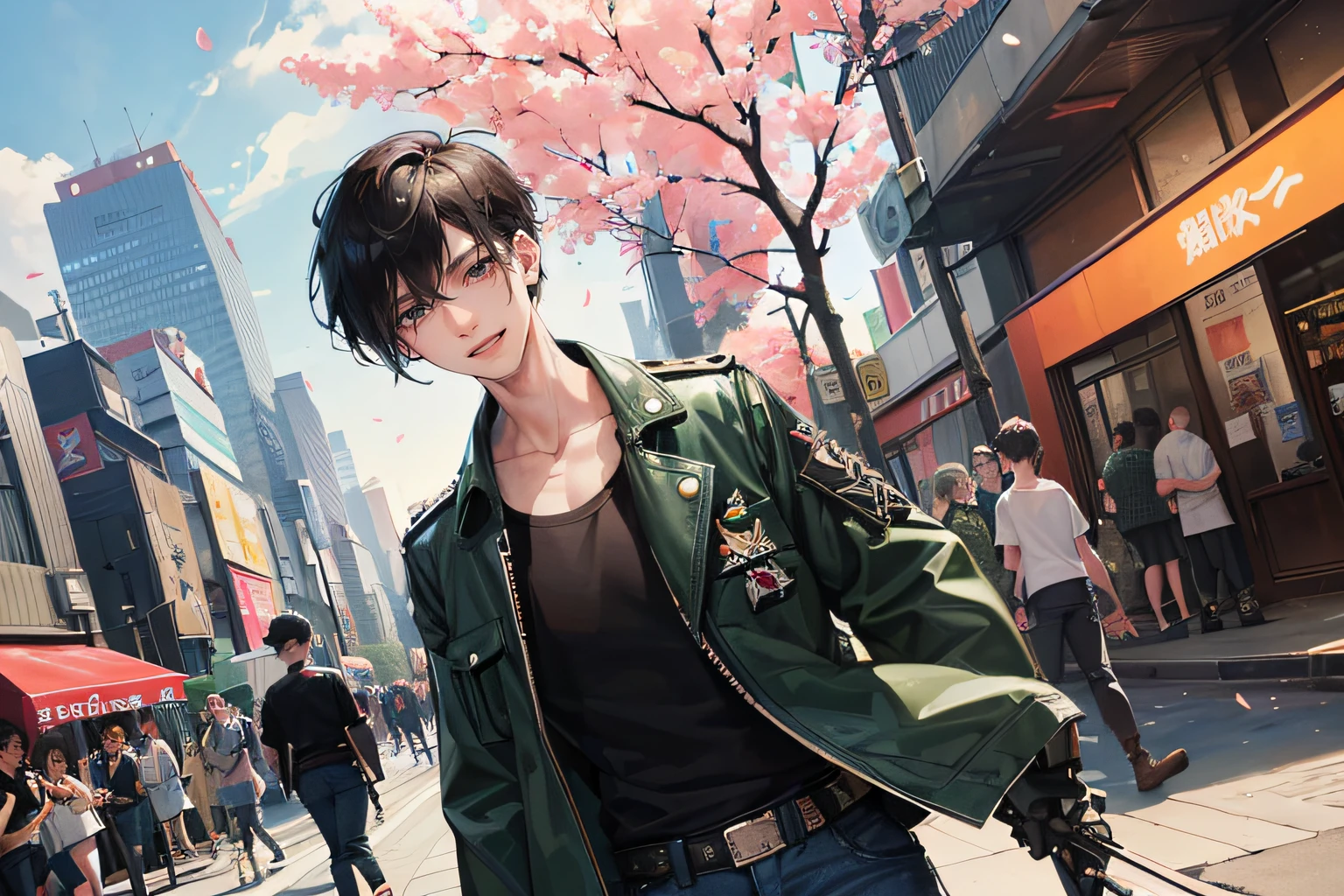 1boy, ({Masculine}): 1.5 boy with dark and piercing black eyes, which seem to reveal deep mysteries. (He wears a white T-shirt and a military green aviator jacket), (with his blue jeans contrasting with his pale skin). ((His hair is dark black Military Undercut)), his gaze is cheerful and his smile is bright. (His army boots are untied in a punk style), which connects him with the urban and busy environment that surrounds him in the city of Tokyo. The setting is sunny on a summer day with sakura petals and cheerful people, with gleaming modern buildings evoking a party-wellness atmosphere.