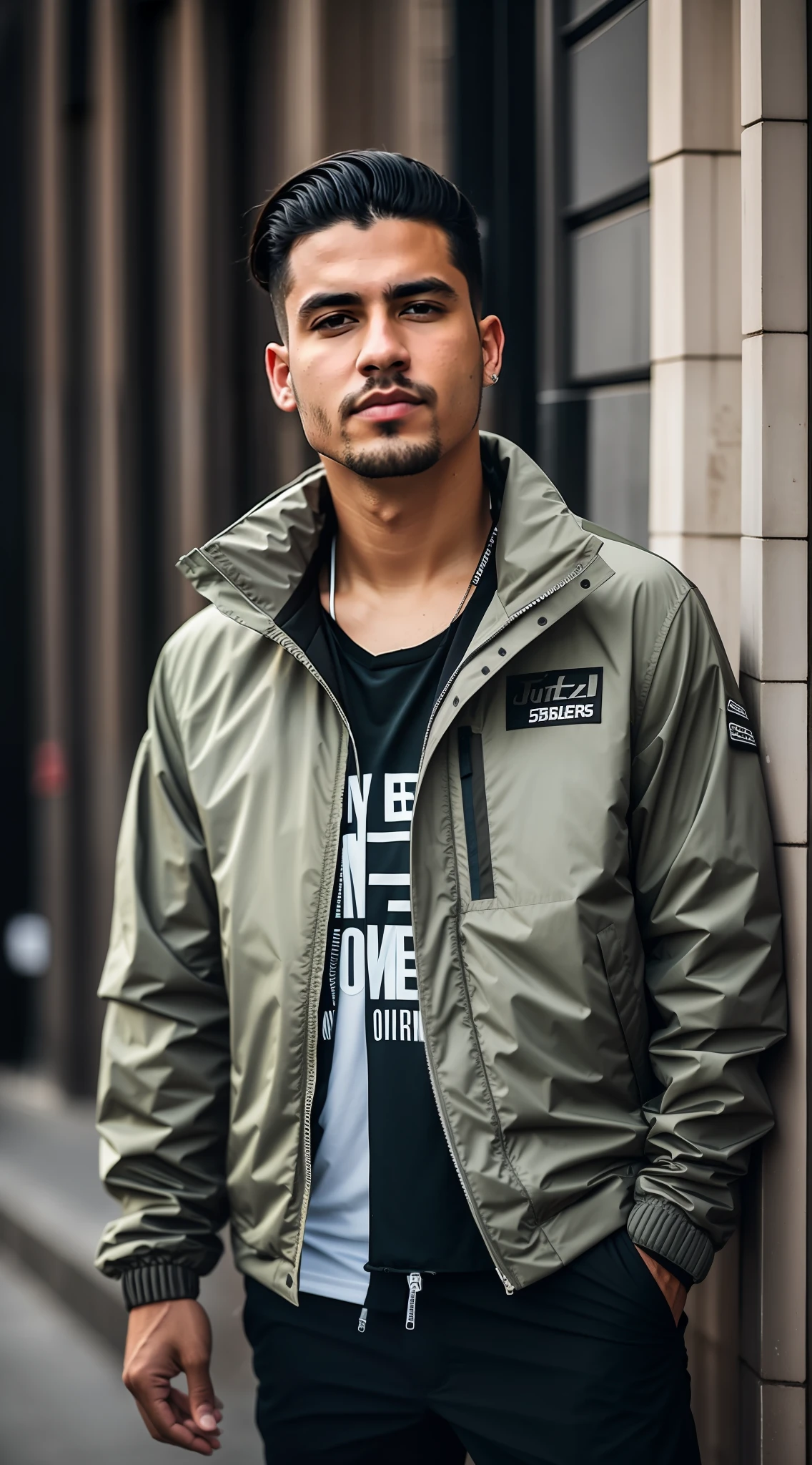 Man in jacket standing on a city street, Retrato no meio da foto, Techwear Look e Roupas, estilo hiper realista, vestindo roupas urbanas, roupas techwear, fotografia da roupa, outlive streetwear collection, foto de retrato, modelo masculino, close up foto de retrato, Tiro na Canon EOS R 5, Tiro na Canon EOS R5, Retrato tirado 8 K, RAW.