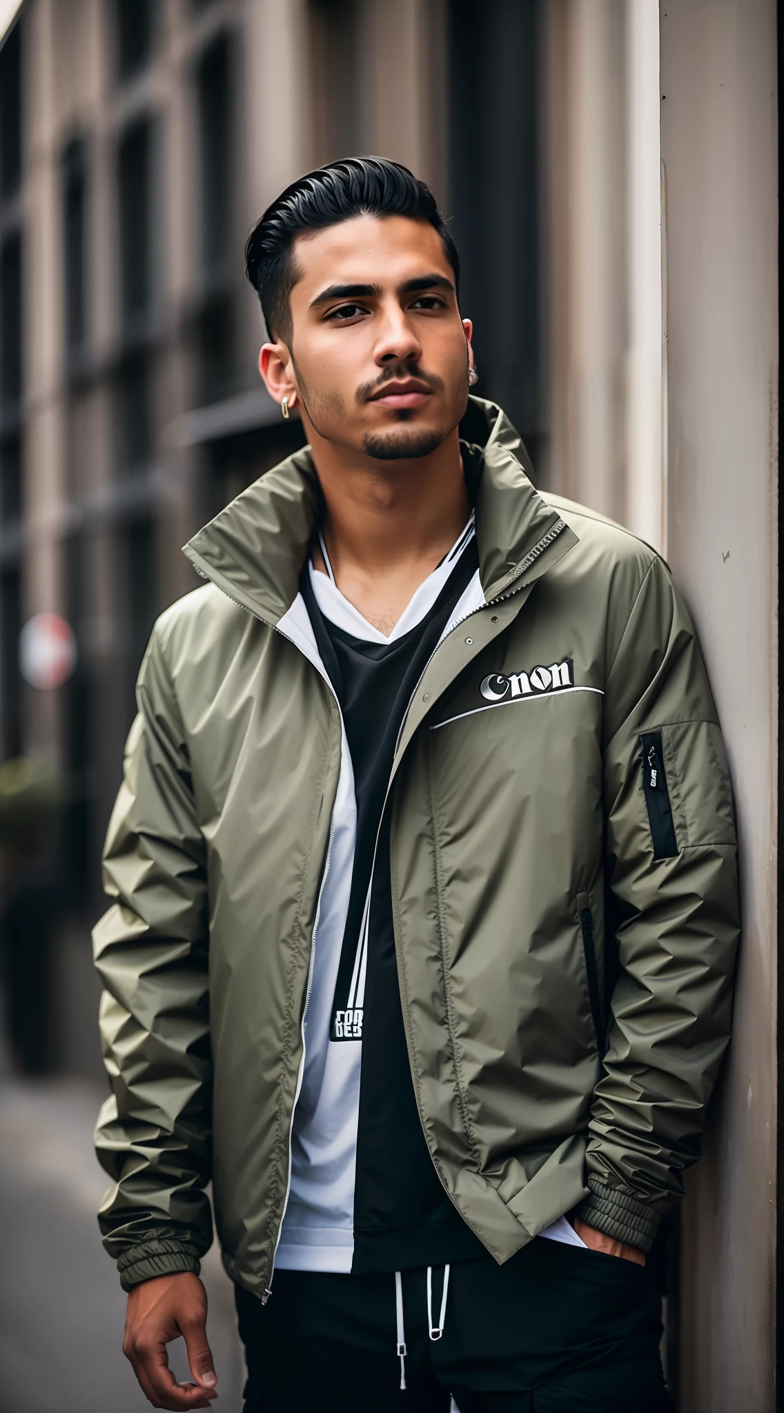 Man in jacket standing on a city street, Retrato no meio da foto, Techwear Look e Roupas, estilo hiper realista, vestindo roupas urbanas, roupas techwear, fotografia da roupa, outlive streetwear collection, foto de retrato, modelo masculino, close up foto de retrato, Tiro na Canon EOS R 5, Tiro na Canon EOS R5, Retrato tirado 8 K, RAW.