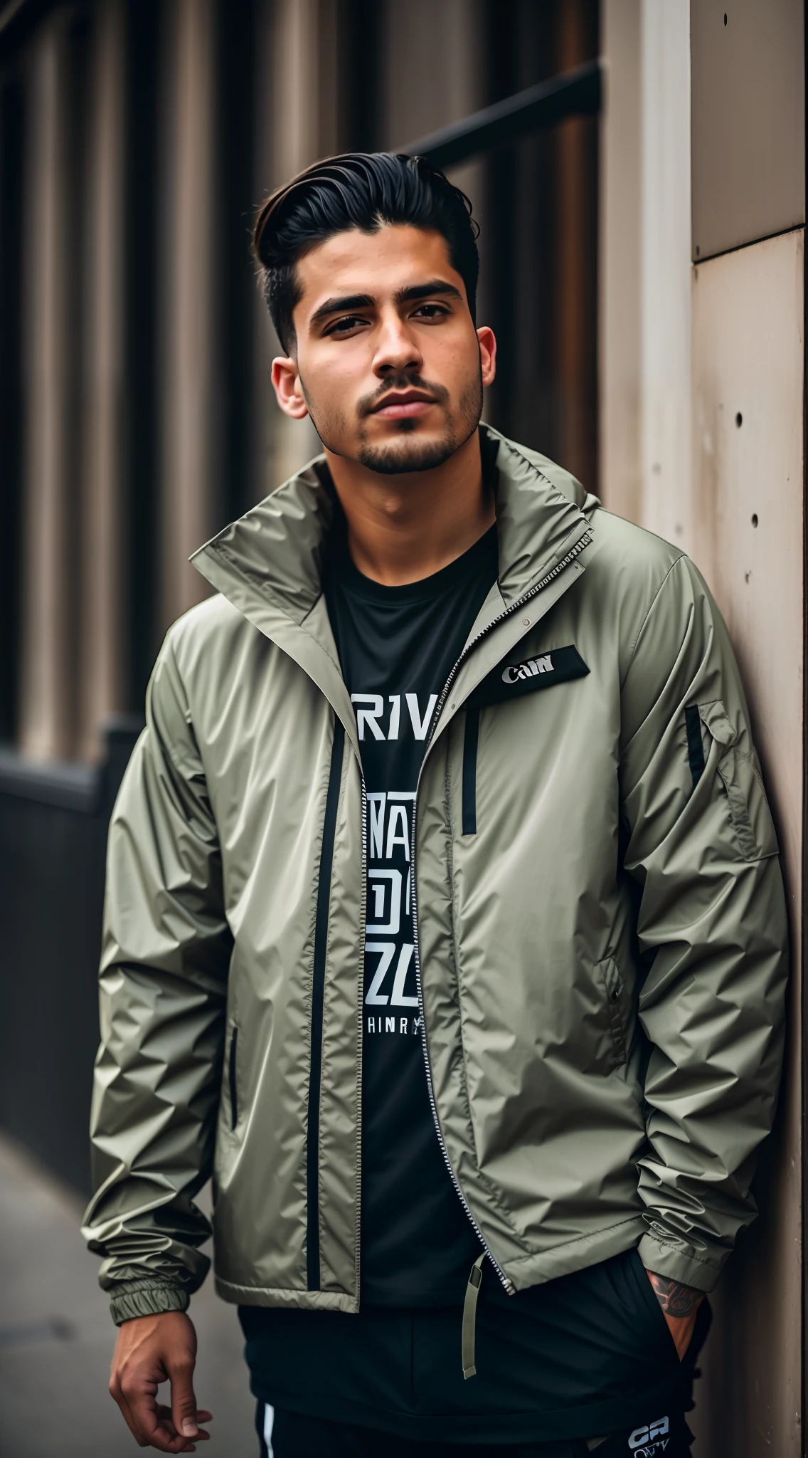 Man in jacket standing on a city street, Retrato no meio da foto, Techwear Look e Roupas, estilo hiper realista, vestindo roupas urbanas, roupas techwear, fotografia da roupa, outlive streetwear collection, foto de retrato, modelo masculino, close up foto de retrato, Tiro na Canon EOS R 5, Tiro na Canon EOS R5, Retrato tirado 8 K, RAW.