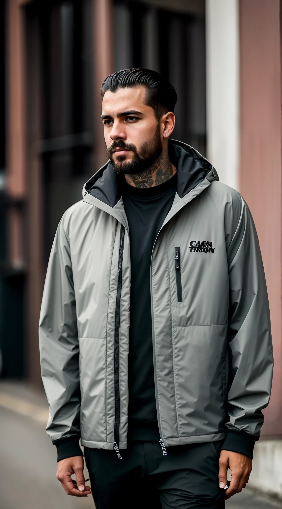 Man in jacket standing on a city street, Retrato no meio da foto, Techwear Look e Roupas, estilo hiper realista, vestindo roupas urbanas, roupas Techwear, fotografia da roupa, outlive streetwear collection, Foto retrato, modelo masculino, close up Foto retrato, Tiro na Canon EOS R 5, Tiro na Canon EOS R5, Retrato tirado 8 K, RAW, Directed by: lee jeffries.