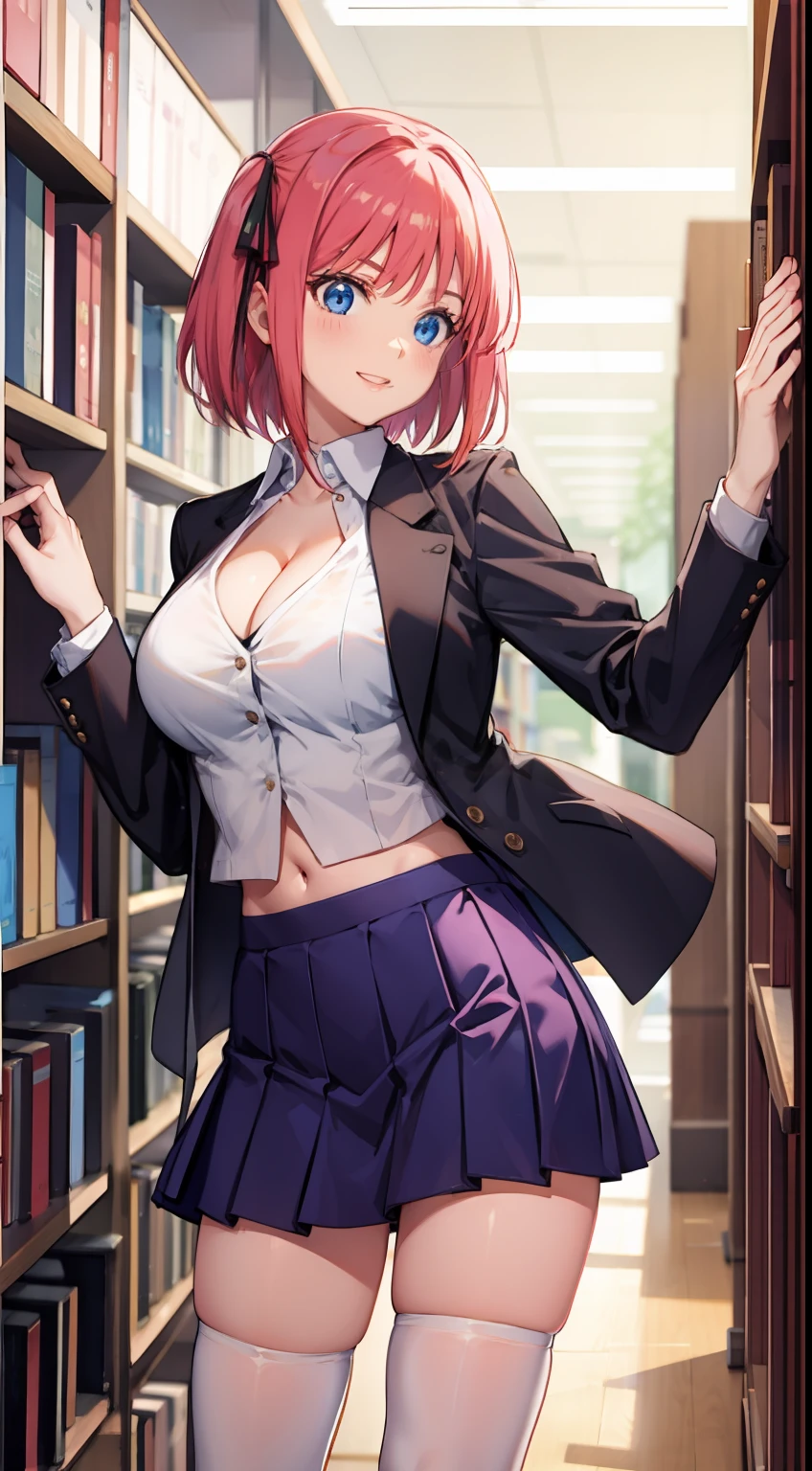 nakano nino, short hair, medium breast, slim legs, happy, cleavage, short skirt, navel, blue eyes, school uniform, thigh high socks, standing, library, pink hair