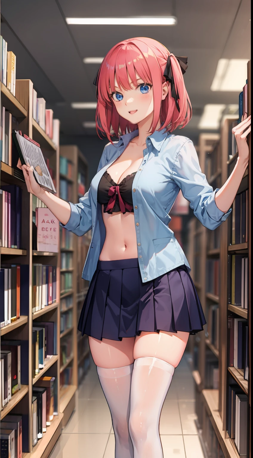 nakano nino, short hair, medium breast, slim legs, happy, cleavage, short skirt, navel, blue eyes, school uniform, thigh high socks, standing, library, pink hair