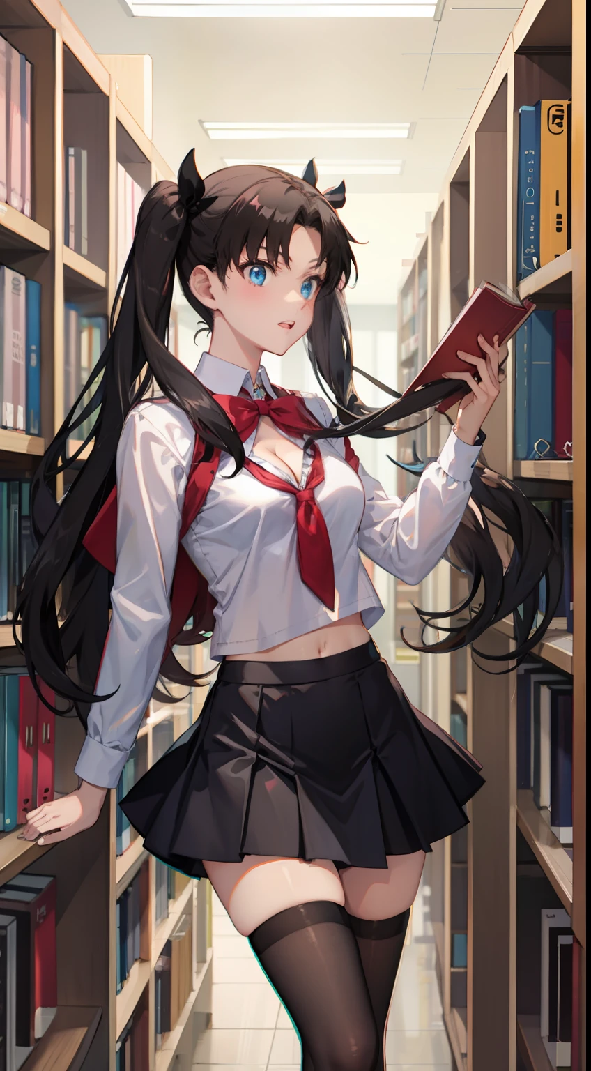 long hair, black hair, medium breast, slim legs, happy, cleavage, short skirt, rin tohsaka, twin tail, navel, blue eyes, school uniform, thigh high socks, standing, library