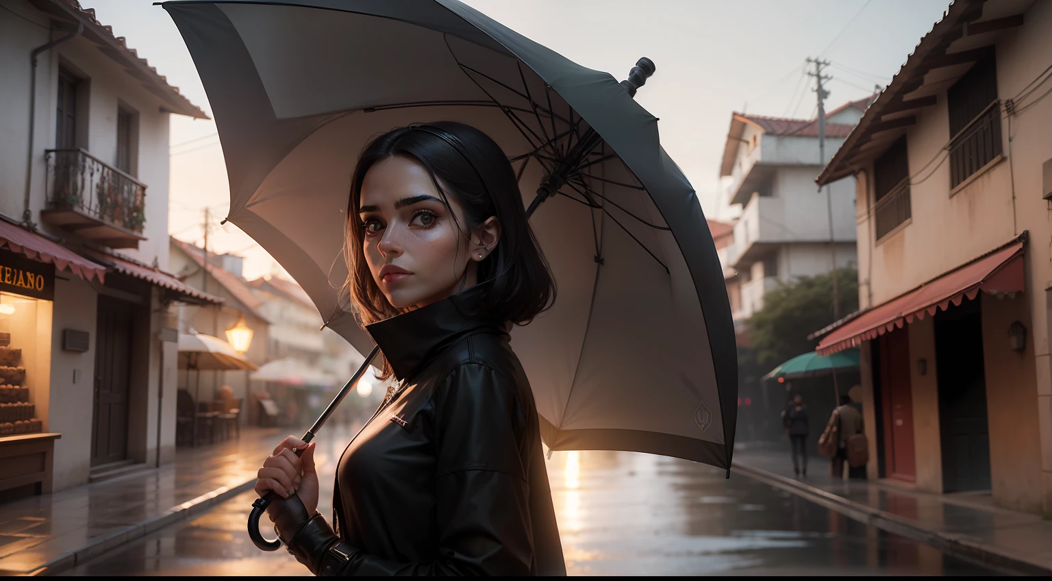 fotorrealista, melhor qualidade, obra-prima, cidade chuvoso, Tema gato quase escuro, luz fraca, inferior, Chthonian, Melancholic woman in background with ultra realistic umbrella best quality cinematic lighting