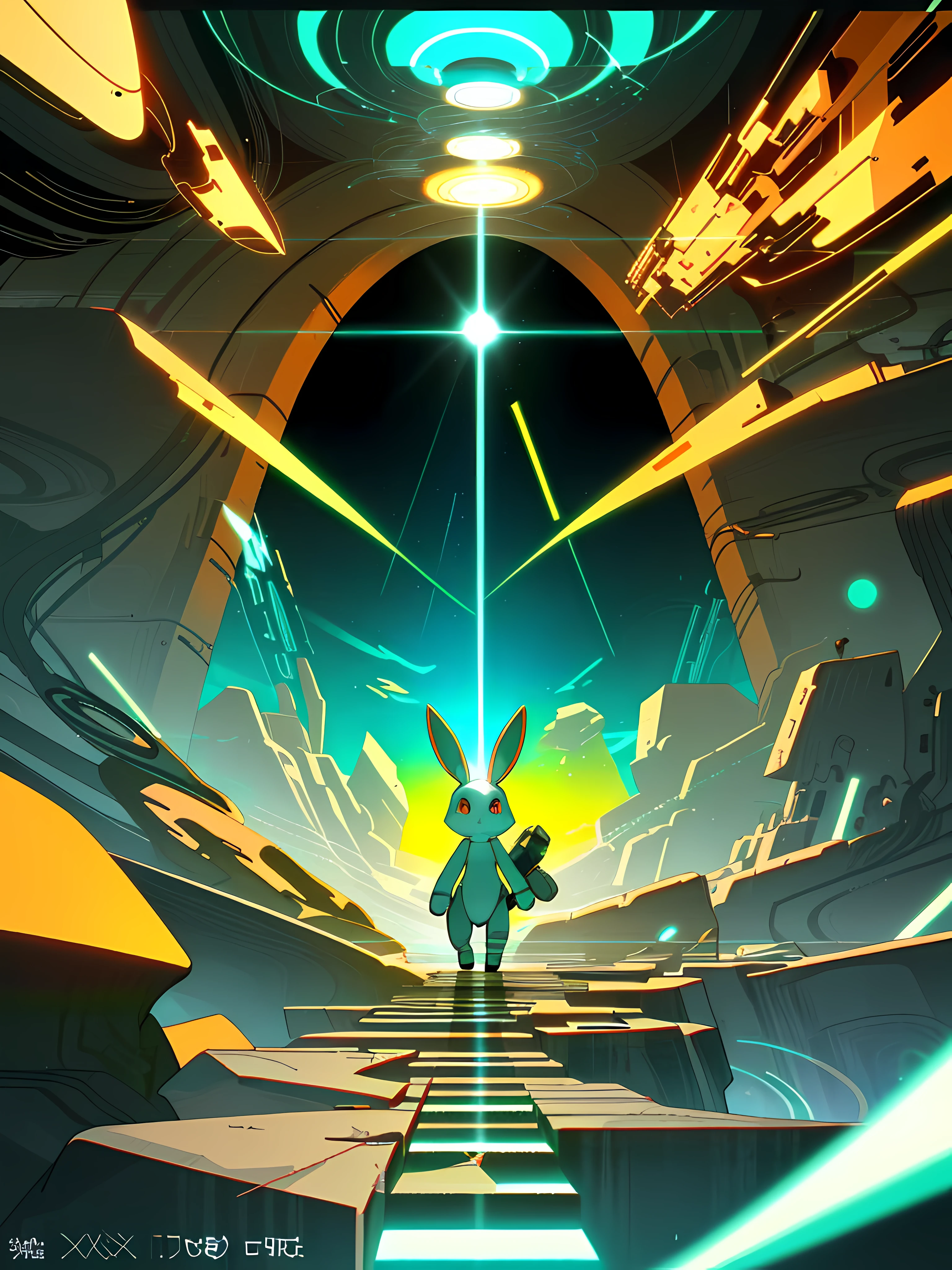 (blame! style abandoned tech landscape), (Zen, Amy Sol style), (like a tunnel that you follow to a tunnel of its own down a hollow in a cavern where the sun has never shone), (underground, dark, foggy, perilous, cybernetic city boardwalk), (abstract anthro rabbit figure wearing bunny ears), cover art with light abstraction, abstract, simple vector art, contemporary Cybernetic art, color gradients, soft color palettes, layered forms, whimsical animation, style Ethereal abstract, 4K, --v6