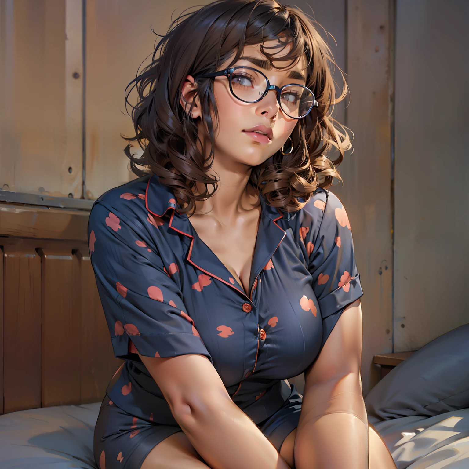 Beautiful woman, soft features,  brown honey eyes, siren eyes, soft look, big breasts, fair skin, curvy, navy blue thigh highs, thick thighs, thick frame glasses, curly brown hair, innocent look, blue pajamas, short hair, short pants, chubby, bushy brows