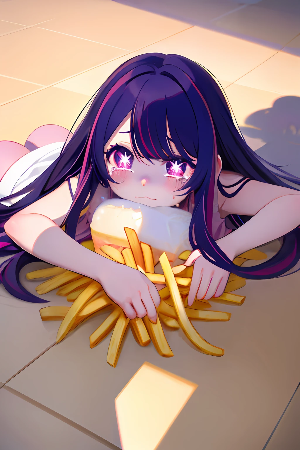 Hoshino Ai, long hair, purple hair, streaked hair ,purple eyes, star-shaped pupils, hair ornament, ApuMeme
lying, tears, on stomach, food, spill, crying, shadow, tearing up, on floor, cup, french fries
