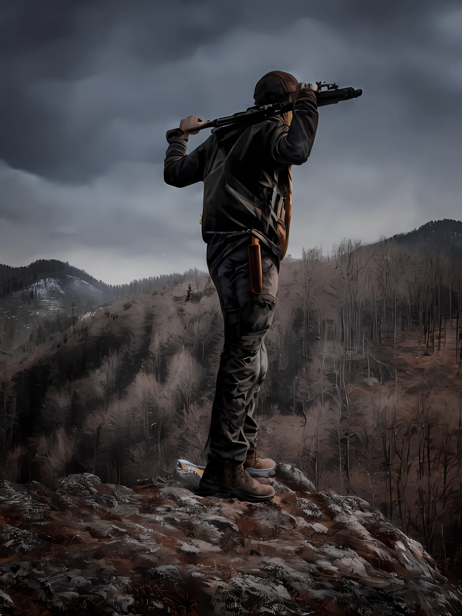 There is a man standing on a mountain, holding a rifle in his hand, Hunters alone in the wilderness, Man carrying a rifle, Carrying a hunting rifle with a telescopic sight, Jagdbekleidung aus Leder, Stehen auf dem Berg, Tragen eines Gewehrs, Wearing survival gear, auf dem Gipfel eines Berges stehen, ein Gewehr in der Hand halten, standing on a hill, auf einem Berggipfel stehen