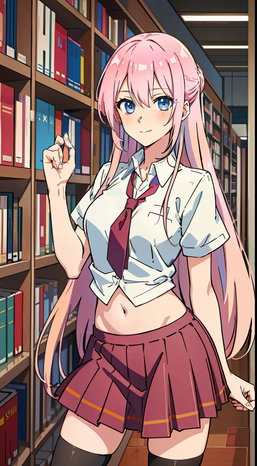shikimori, slim legs, navel, short skirt, standing, beautiful eyes, blue eyes, happy, school uniform, library, pink hair, long hair, thigh high socks