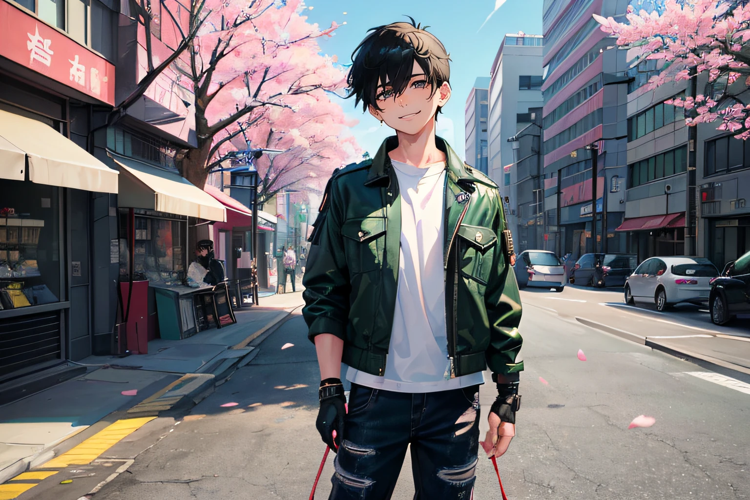 1boy, ({Masculine}): 1.5 boy with dark and piercing black eyes, which seem to reveal deep mysteries. (He wears a white T-shirt and a military green aviator jacket), (with his blue jeans contrasting with his pale skin). ((His hair is dark black Military Undercut)), his gaze is cheerful and his smile is bright. (His army boots are untied in a punk style), which connects him with the urban and busy environment that surrounds him in the city of Tokyo. The setting is sunny on a summer day with sakura petals and cheerful people, with gleaming modern buildings evoking a party-wellness atmosphere.