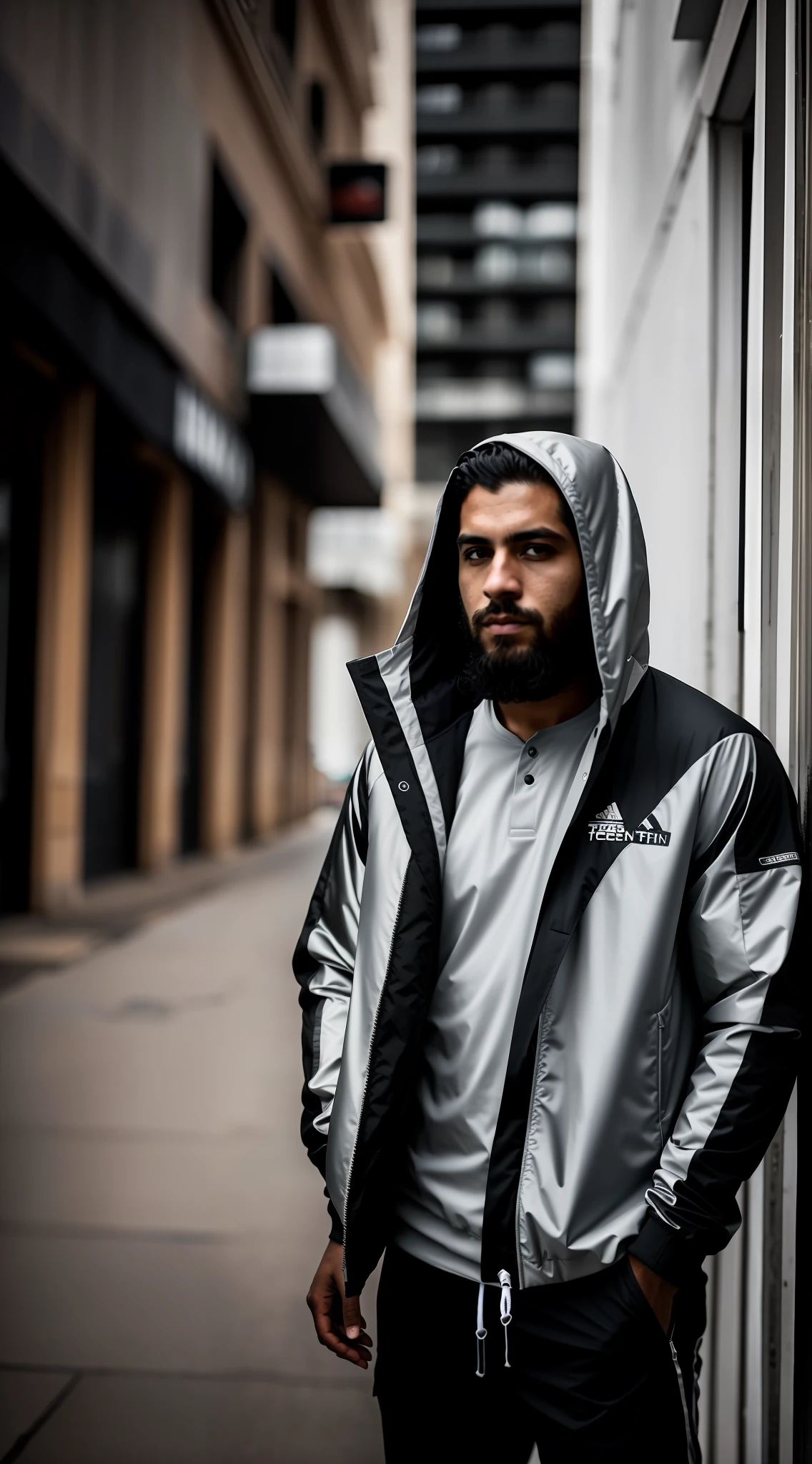 Man in jacket standing on a city street, Retrato no meio da foto, Techwear Look e Roupas, estilo hiper realista, vestindo roupas urbanas, roupas Techwear, fotografia da roupa, outlive streetwear collection, Foto retrato, modelo masculino, close up Foto retrato, Tiro na Canon EOS R 5, Tiro na Canon EOS R5, Retrato tirado 8 K, RAW, Directed by: lee jeffries.