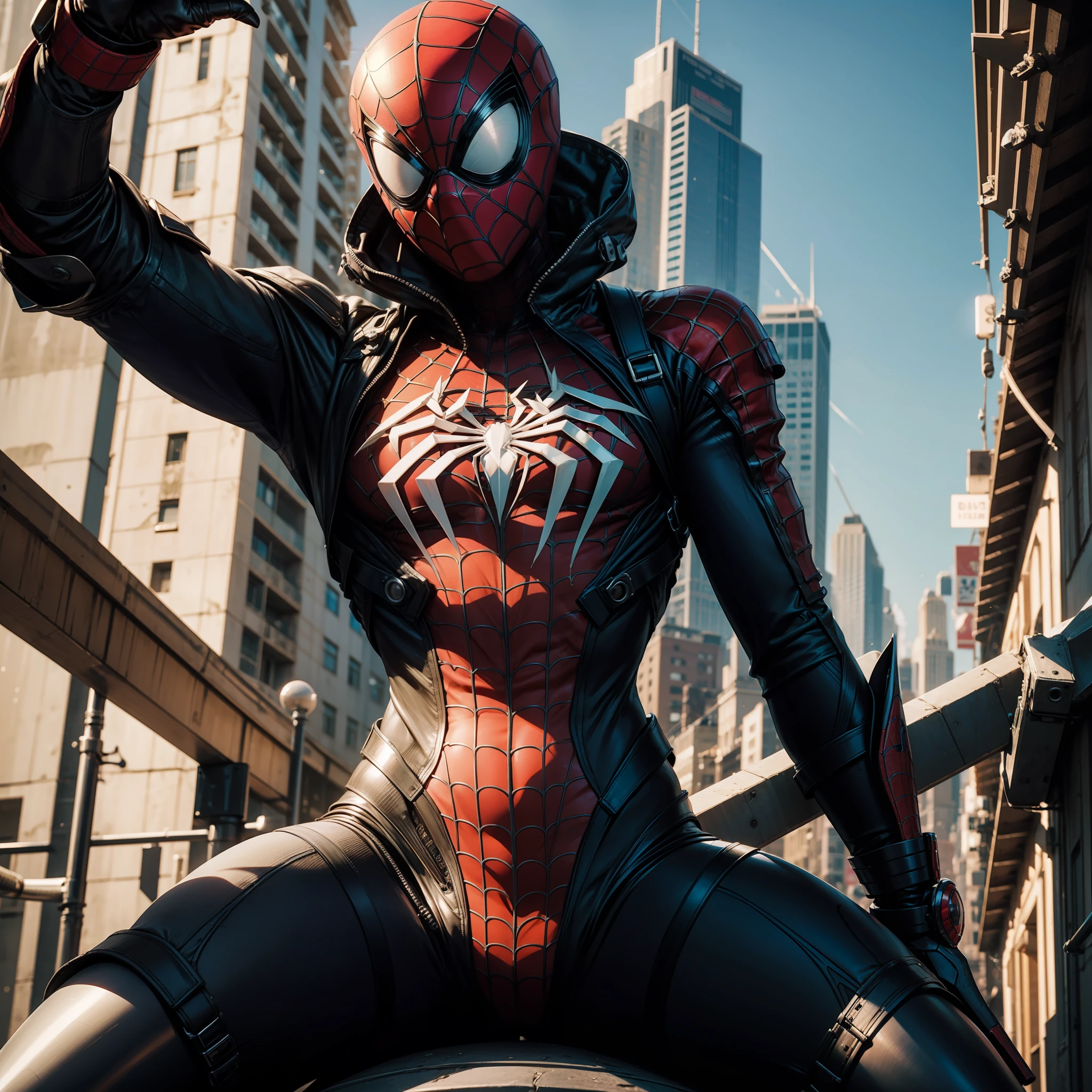 cuerpo entero, 8k, obra maestra, ciudad a escala, spiderman a escala, with ultra-detailed technological suit, mezclado con traje venom detallado 1:2, mezclado traje carnage detallado 1:2, mezclado con partes ciborg ultra detalladas, mecha spiderman, totalmente futurista, manos detalladas, rostro detallado, ojos detallados, cuerpo delgado muy detallado, saltandopor new york