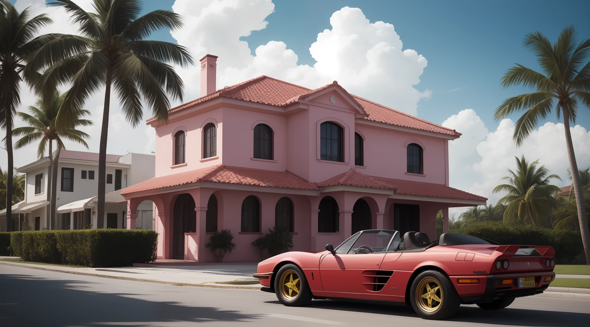 Casa dos sonhos cor-de-rosa, Ultra HD |, 8k, High definition, Palmeiras, 80's, Ferrari Testarossa convertible, carro ultra realista, foto de alta fidelidade, Realistic photo, fotografia de retrato de filme, Praia de Miami, Realistic texture,