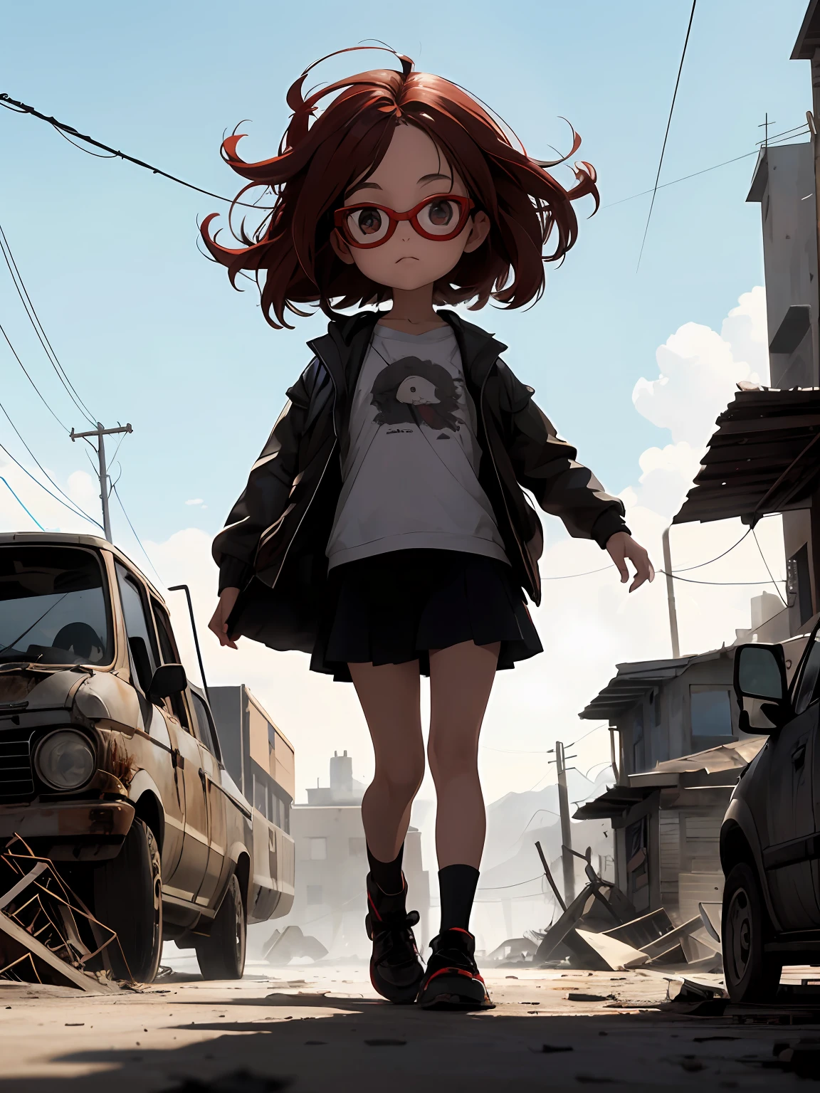 Imagen BIEN DEFINIDA, of an 8-year-old girl HUGE HEAD and big eyes, con lentes redondos, cabello rojo rizado, Walking down a post-apocalyptic street, with destroyed vehicles. naves espaciales volando por el cielo