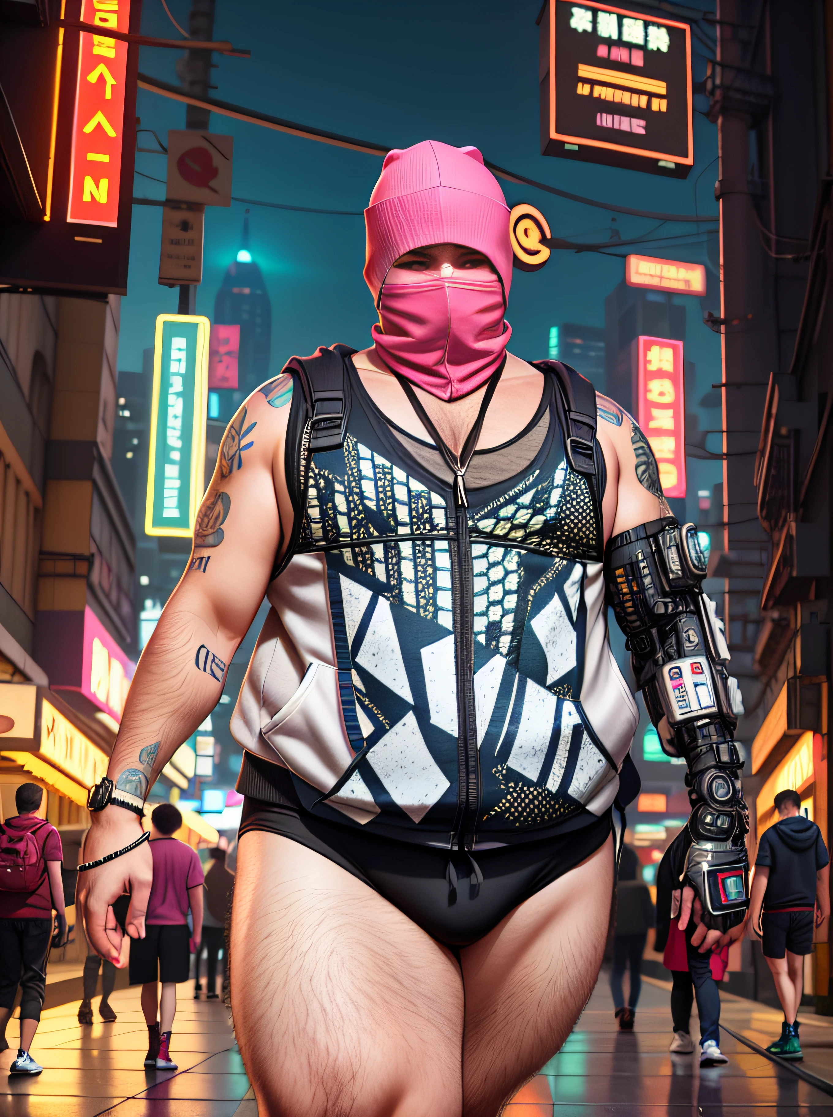 (masterpiece, men full-body shot, intrincate raw photography)cyberpunk citizen in pineapple pattern oversize hoodie, anime, rocketeer, pink mask, neon light details, intrincate, futuristic, chubby, sharp, accurate focus, random pose, cyberpunk city, street neon lights, insta pic, photo of the year, cinema4d, dramatic, lights and shadows, natron, substance, maya, octane render,