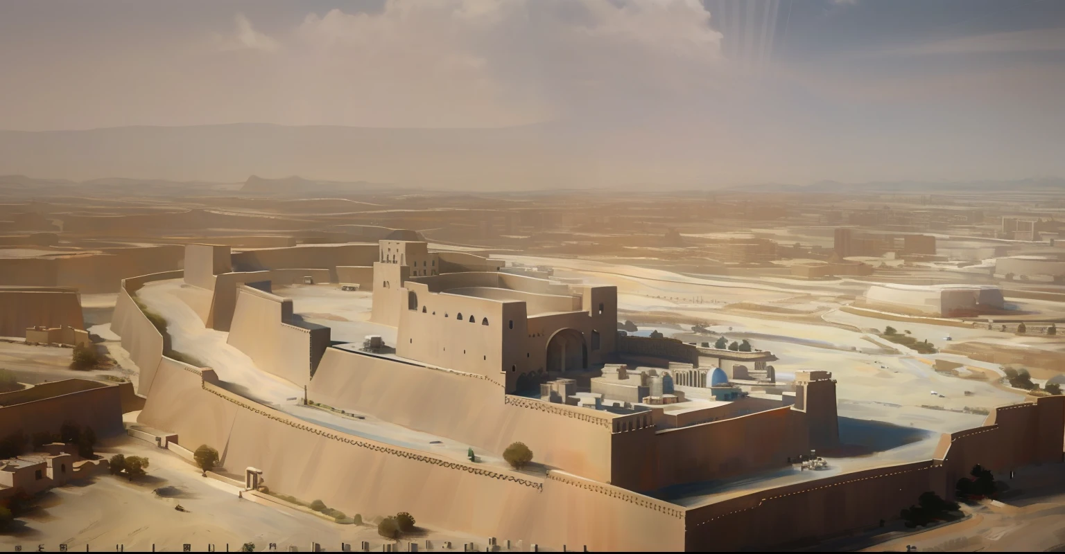 aerial view, natural lightting, the biblical city of Jericho in the middle of the desert, concentric double walls, irregular constructions inside the walls, torres defensivas nas muralhas, Biblical architecture, arquitetura cananeia, um rio localizado a oeste da cidade, cidade torta, muralhas irregulares, 4k, HDR
