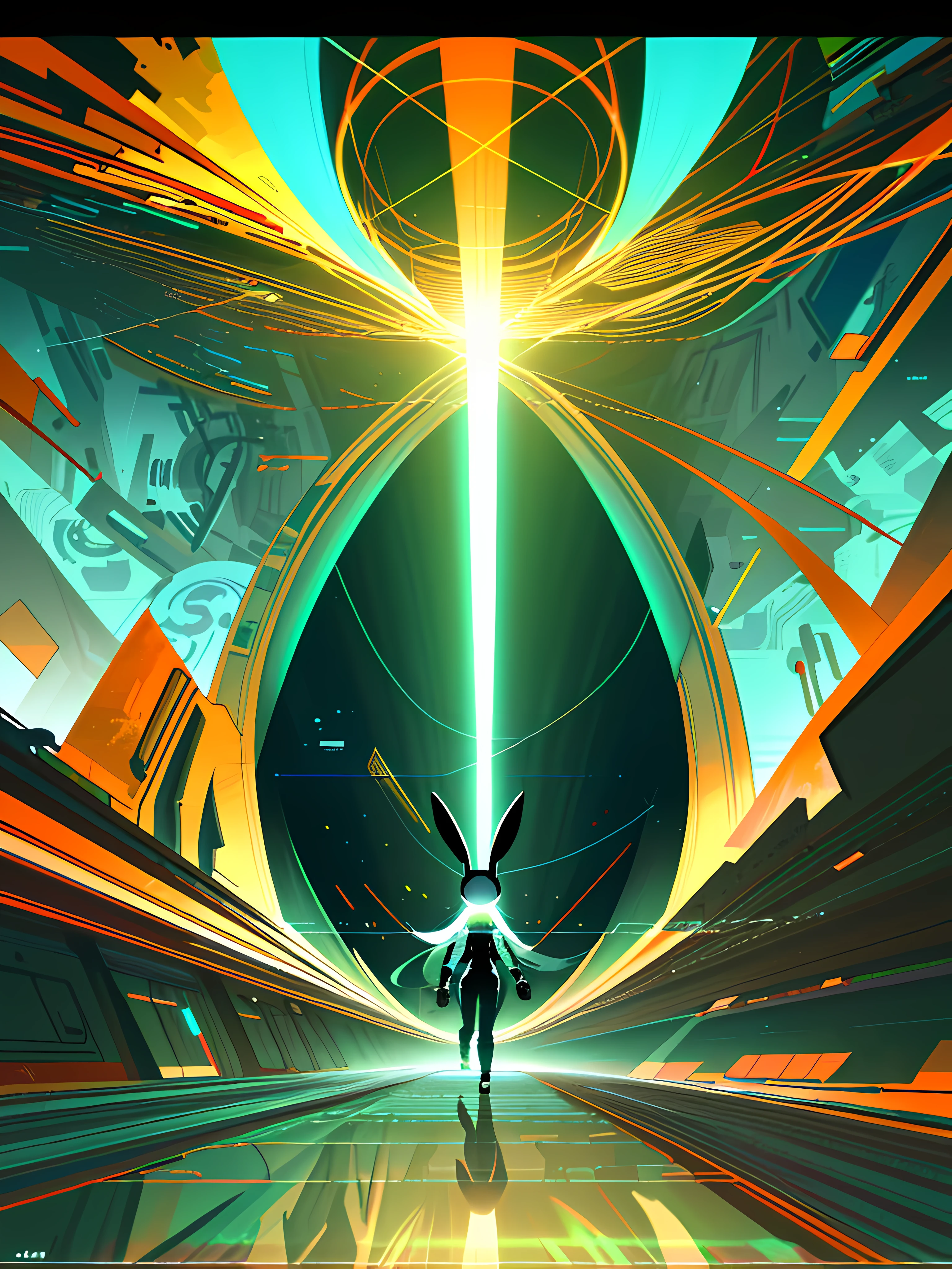 (blame! style abandoned tech landscape), (Zen, Amy Sol style), (like a tunnel that you follow to a tunnel of its own down a hollow in a cavern where the sun has never shone), (underground, dark, foggy, perilous, cybernetic city boardwalk), (abstract anthro rabbit figure wearing bunny ears), cover art with light abstraction, abstract, simple vector art, contemporary Cybernetic art, color gradients, soft color palettes, layered forms, whimsical animation, style Ethereal abstract, 4K, --v6