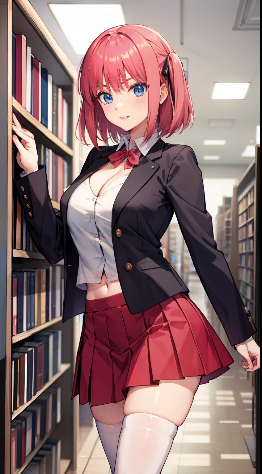 nakano nino, short hair, medium breast, slim legs, happy, cleavage, short skirt, navel, blue eyes, school uniform, thigh high socks, stand, library, pink hair