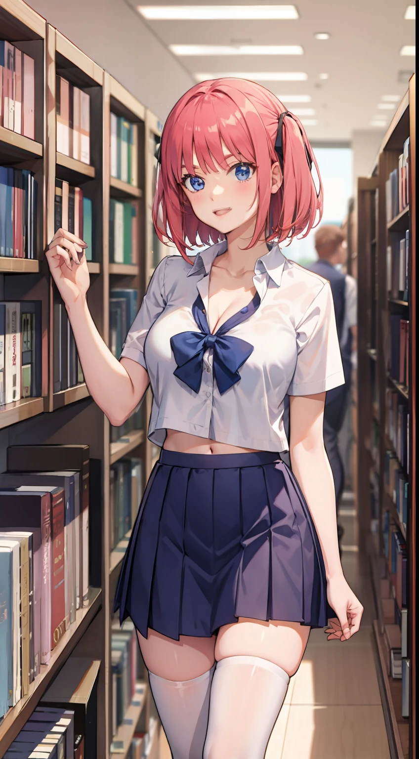 nakano nino, short hair, medium breast, slim legs, happy, cleavage, short skirt, navel, blue eyes, school uniform, thigh high socks, stand, library, pink hair