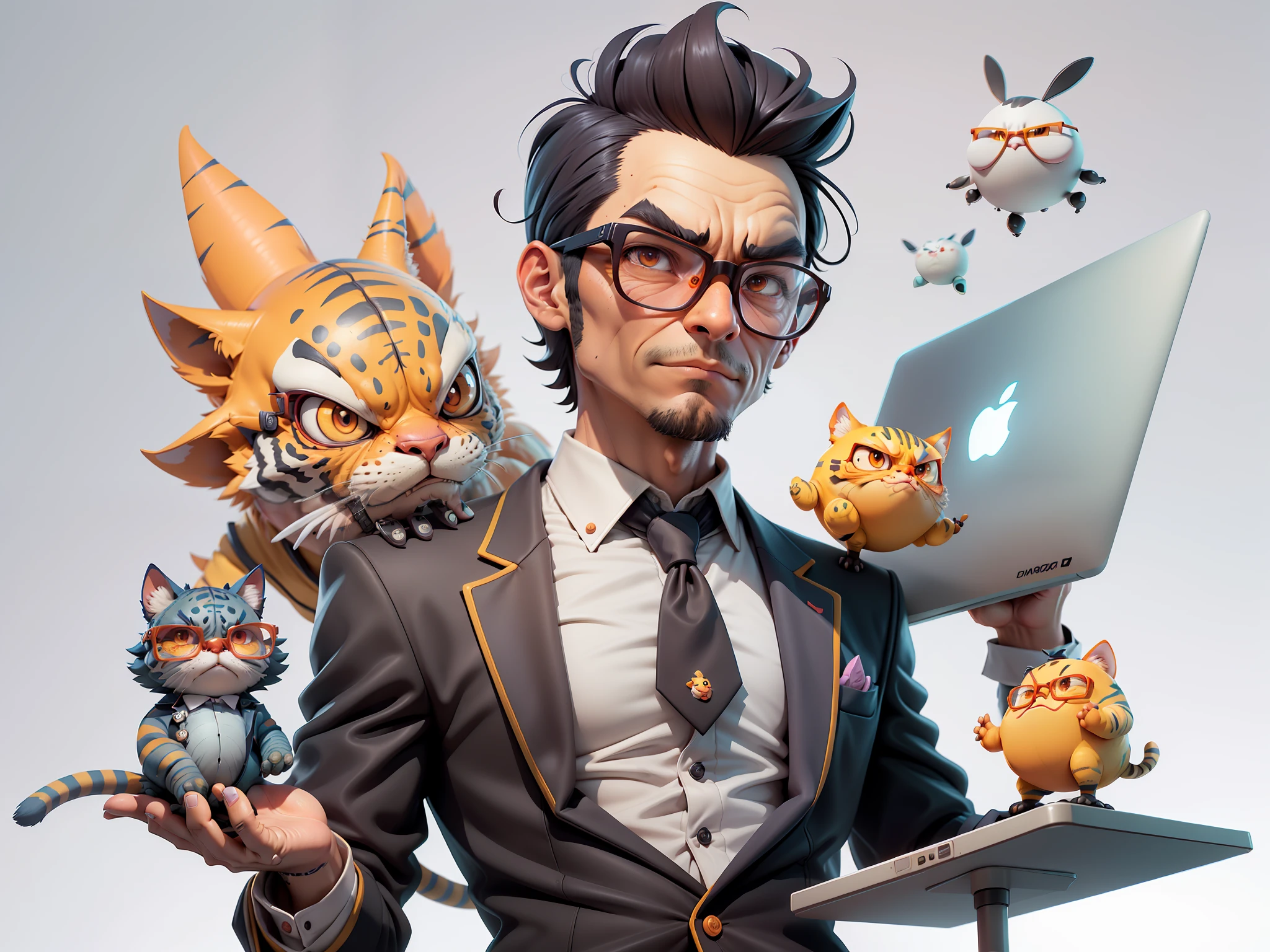 A young man in a suit, Short hair and glasses sat at his desk，holding laptop，digitial painting，tigre，3D character design by Mark Clairen and Pixar and Hayao Miyazaki and Akira Toriyama，4K HD illustration，Very detailed facial features and cartoon-style visuals。