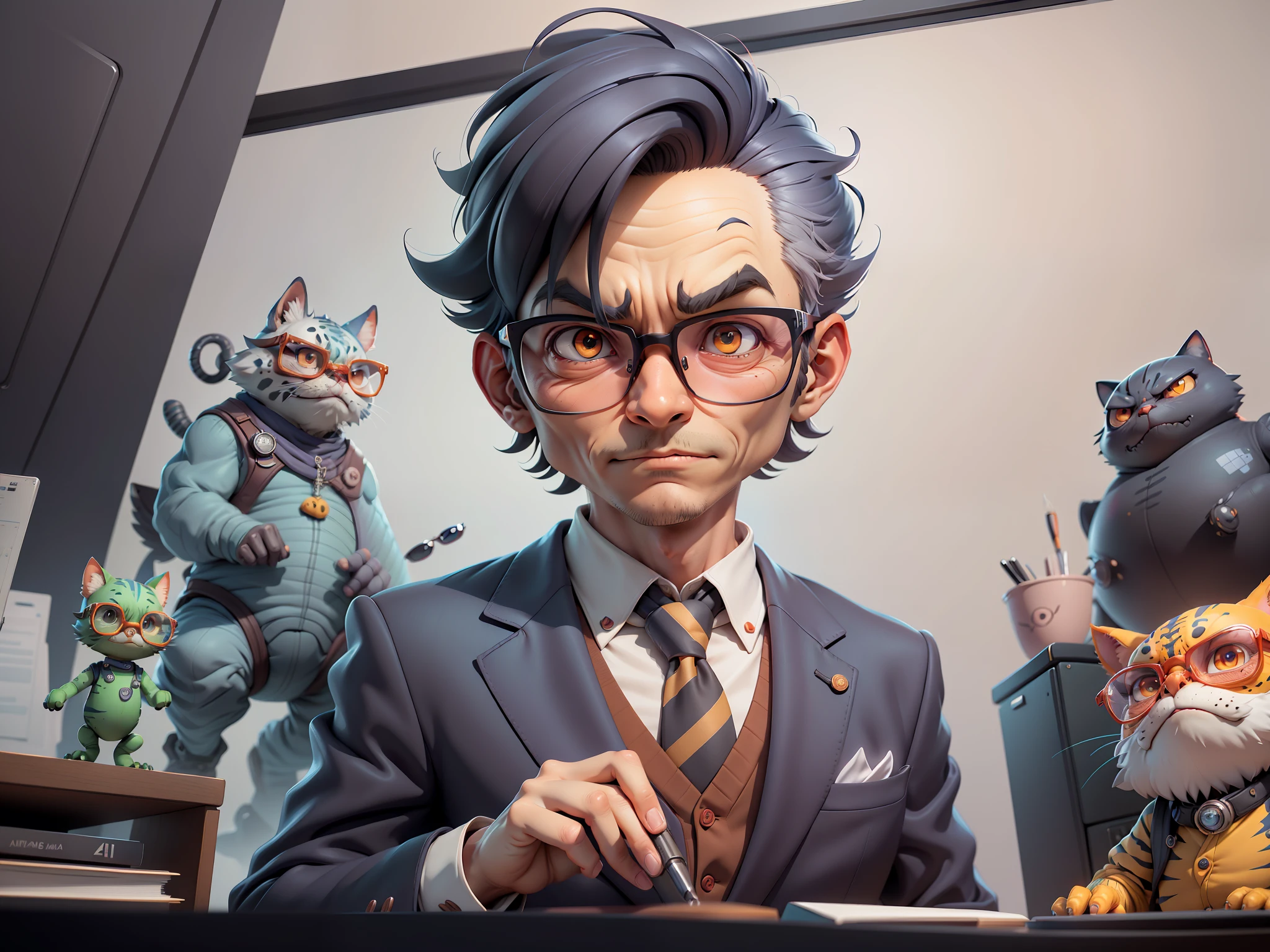 A young man in a suit, Short hair and glasses sat at his desk，holding laptop，digitial painting，tigre，3D character design by Mark Clairen and Pixar and Hayao Miyazaki and Akira Toriyama，4K HD illustration，Very detailed facial features and cartoon-style visuals。