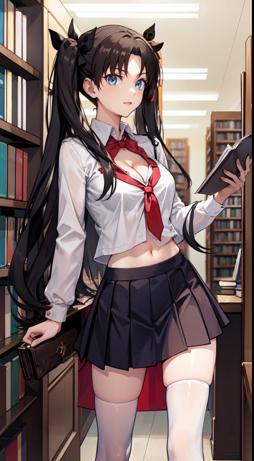long hair, black hair, medium breast, slim legs, happy, cleavage, short skirt, rin tohsaka, twin tail, navel, blue eyes, school uniform, thigh high socks, standing, library