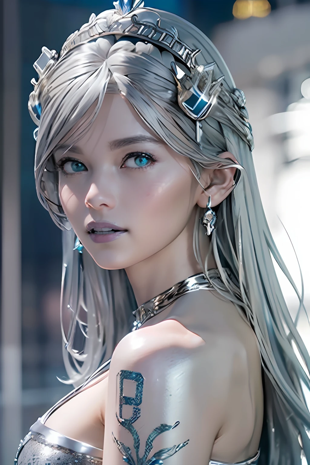 Ultra-detailed complex 3D rendering of the face, (masterpiece, top quality, octane rendering,), glamour shots full body image, very beautiful young elves, cleavage, (highly detailed skin: 1.2), (exposure: 1.1), ((blue micro bikini: 1.95)))). , 8k, (((very soft breasts)), (((conspicuous large pink areola)), beautiful Caucasian woman with white skin with full soft breasts with big buttocks, one, long braided hair, big breasts, dynamic angles, (((huge breasts: 2.4)), ultra-realistic photos, ((((((silver hair)))), futuristic urban background, facial muscles, (((((detailed and glamorous silver crown)))), In the style of Marvel Comics, ArtStation Trends, Clear Focus, Intricate Details, Very Detailed, Detailed Green Eyes, Sharp Focus, Digital Rendering, Professional, Abs, Lip Gloss, Glossy Skin, Sexy Pose, Golden Tattoo All Over Body, Silver Pattern All Over Body, Silver Lame Skin, Gold Glitter Skin, Mansuji, Buttocks, Jeweled All Over the Body, with silver scales, silver hair,